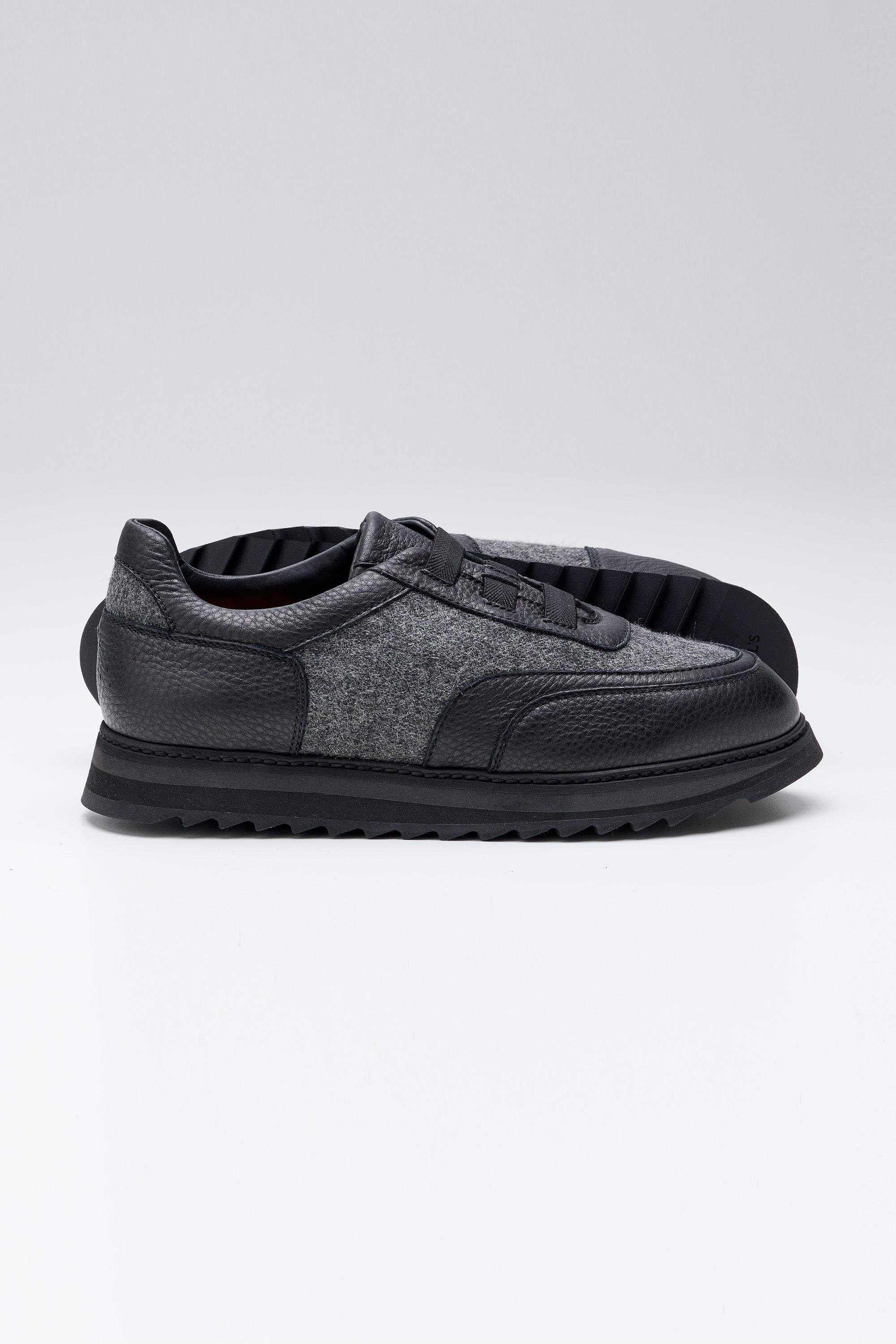 Siyah Gri Bağcıksız Örgü Deri Sneaker 