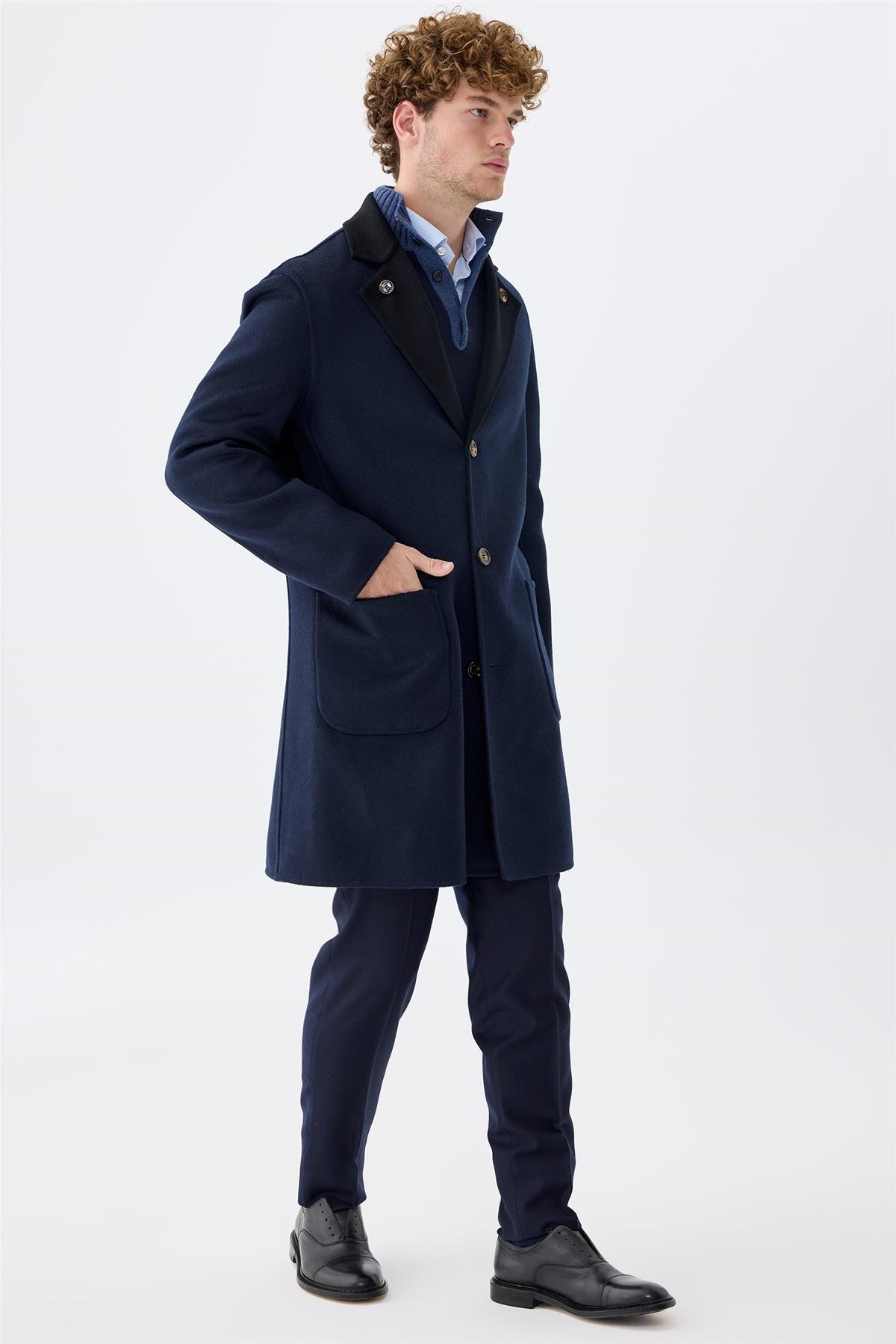 Siyah Lacivert Çift Taraflı Kaşmir Kaban