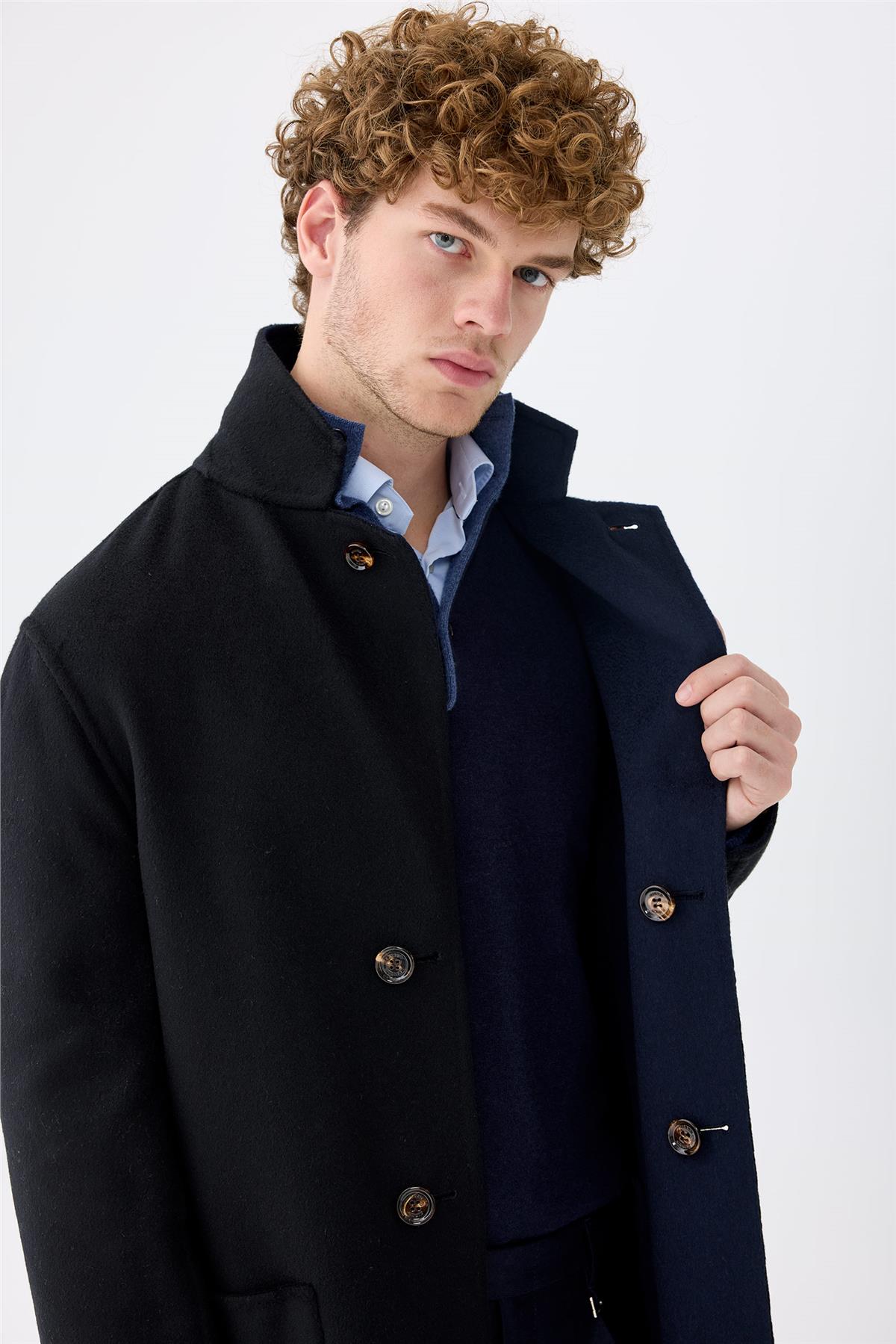 Siyah Lacivert Çift Taraflı Kaşmir Kaban