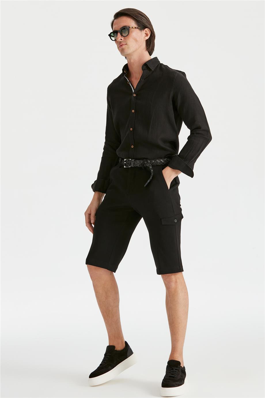 Siyah Pamuk Triko Erkek Bermuda