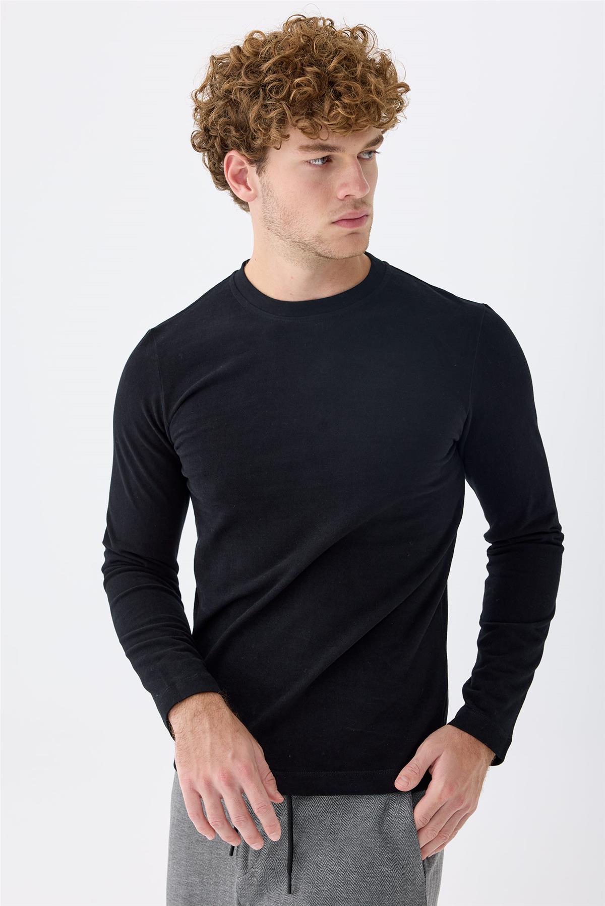 Siyah  Sıfır Yaka Pamuk Sweatshirt