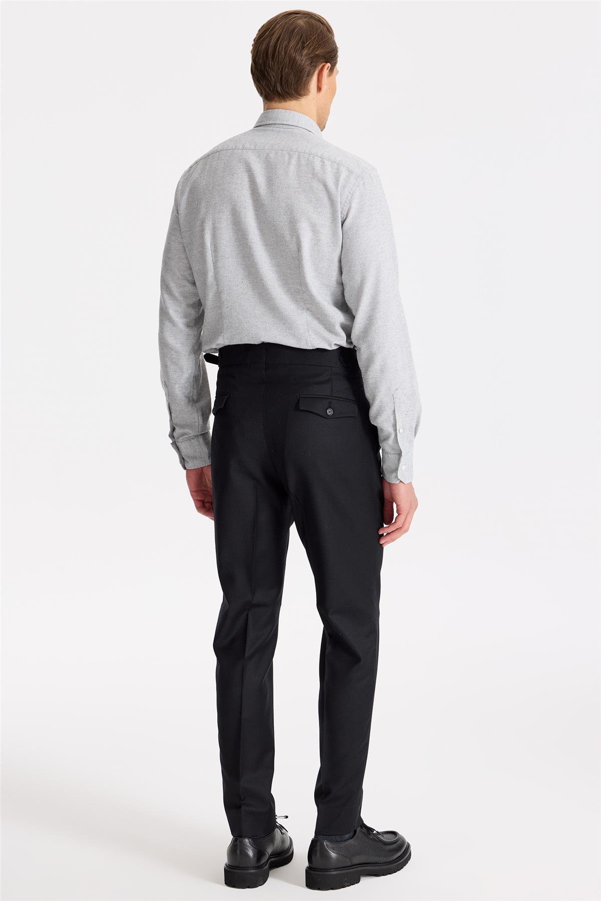 Siyah Tokalı Yün Flanel Pantolon