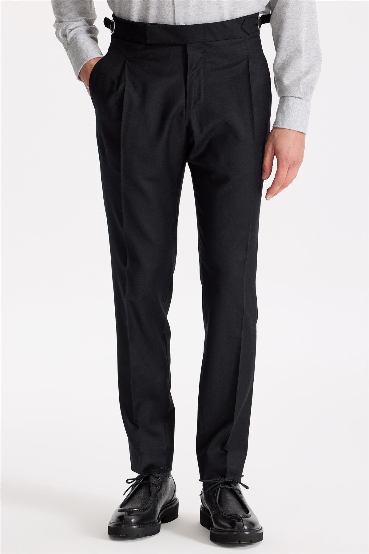 Siyah Tokalı Yün Flanel Pantolon