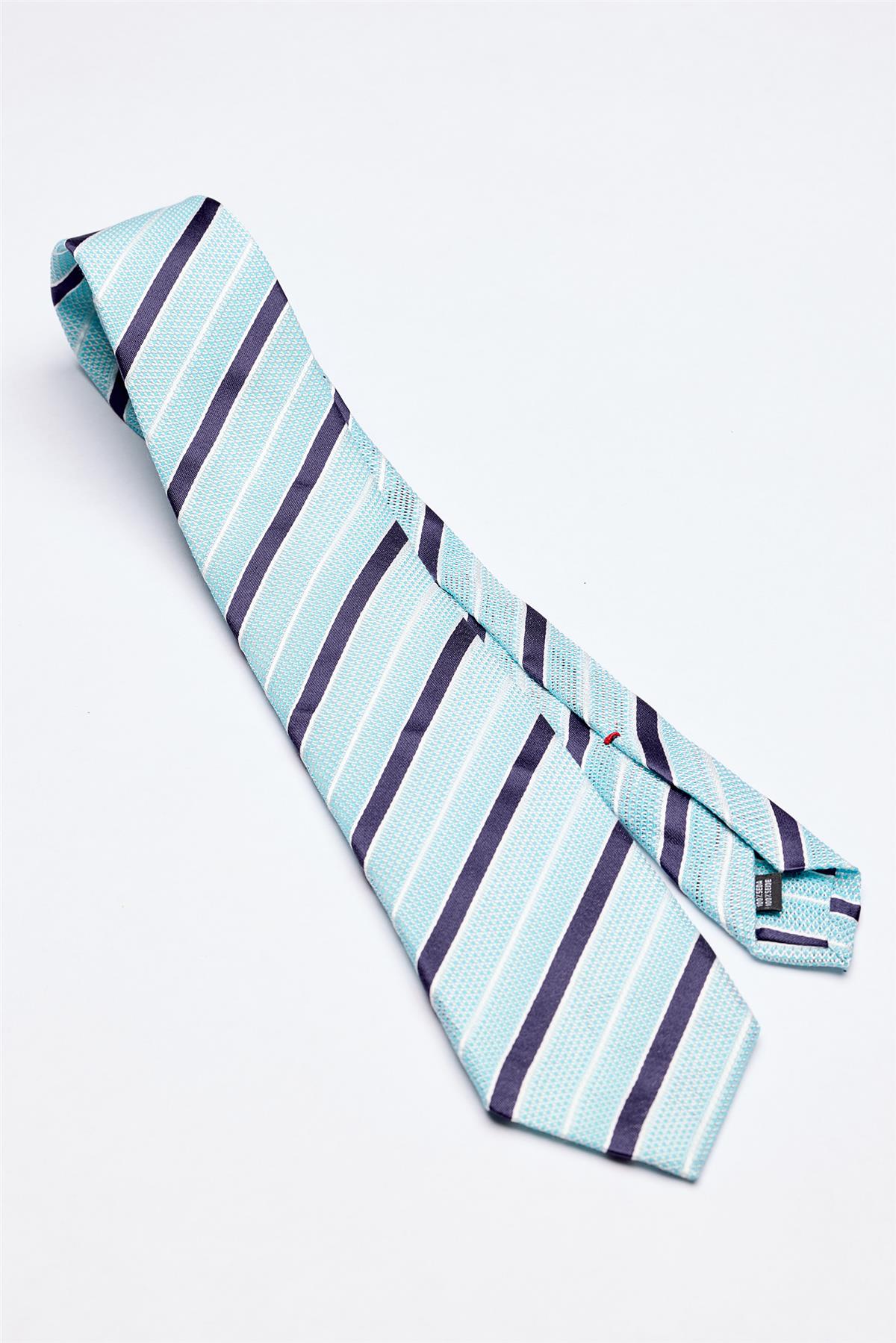 Turkuaz Lacivert Beyaz Çizgili 7 Örgü Fold İpek Kravat