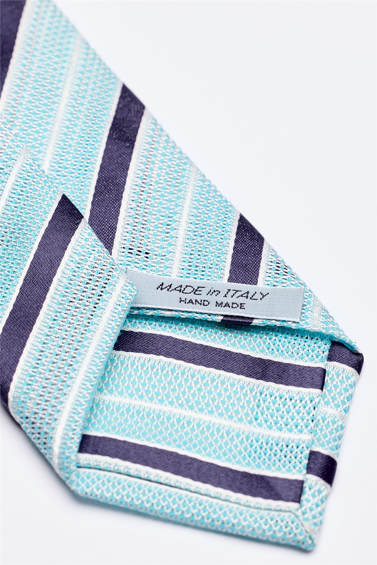 Turkuaz Lacivert Beyaz Çizgili 7 Örgü Fold İpek Kravat