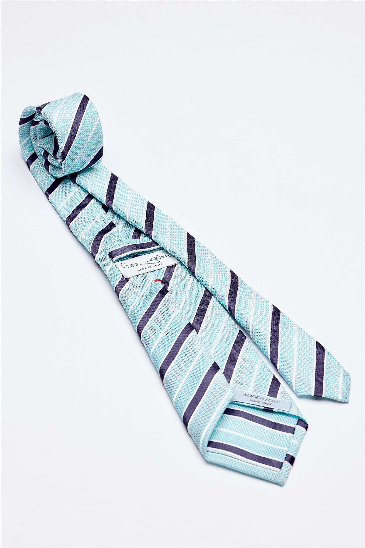 Turkuaz Lacivert Beyaz Çizgili 7 Örgü Fold İpek Kravat