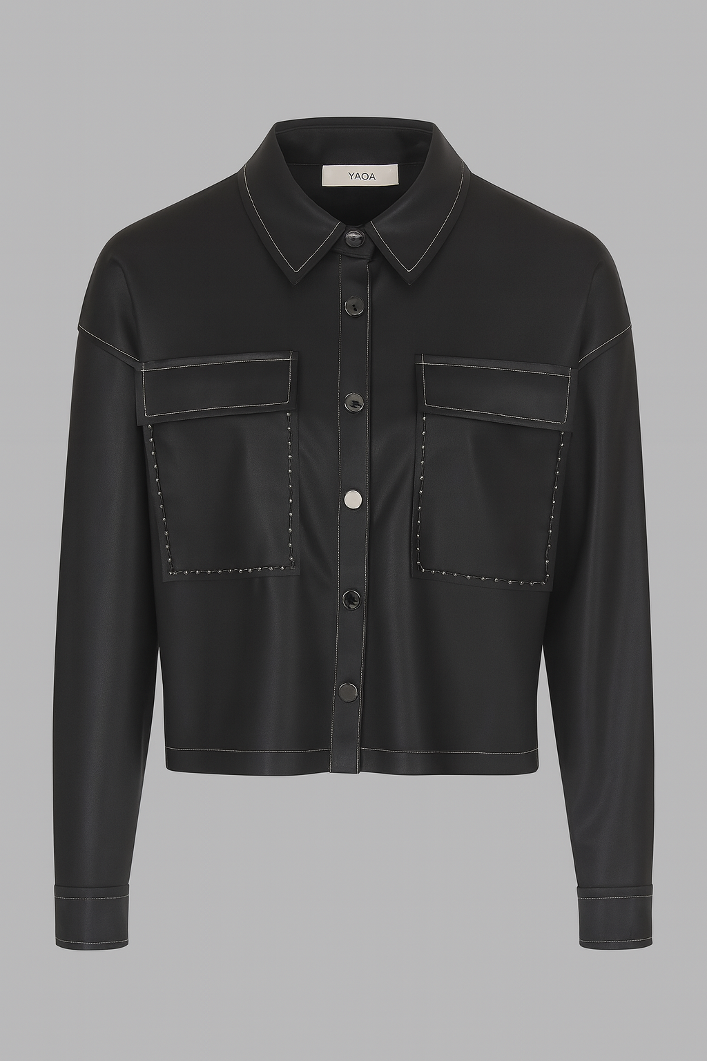 SİYAH ÇİFT CEP KAPAKLI BİLYELİ DERİ CEKET