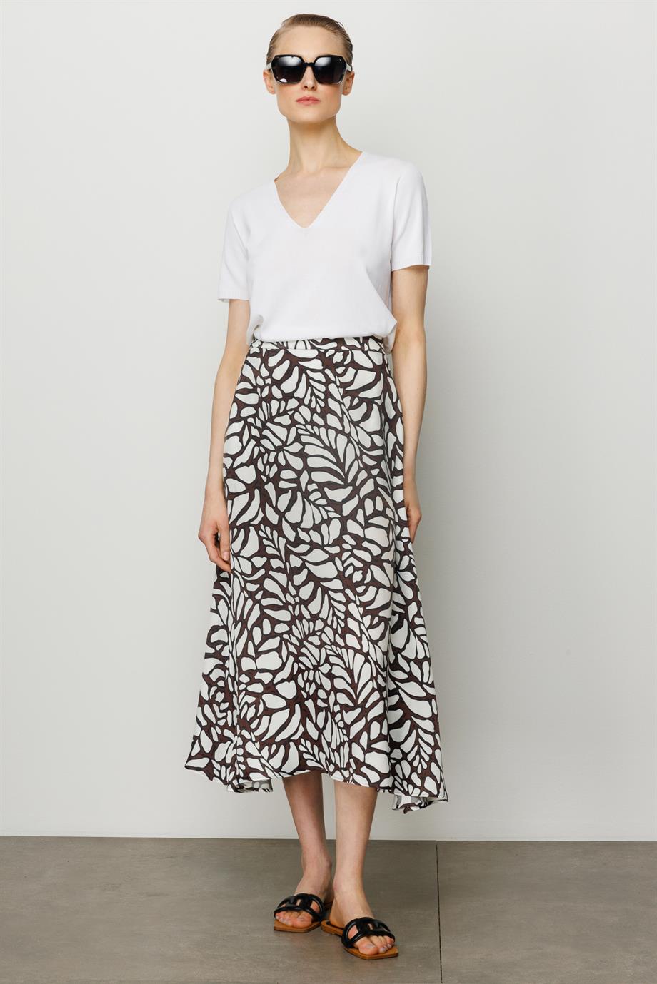 Elastan Kemerli Yaprak Desenli Etek
