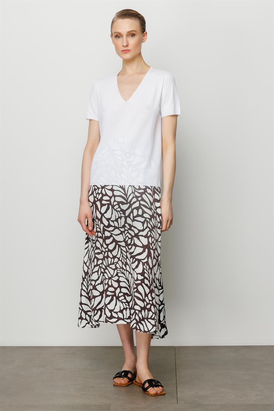 Elastan Kemerli Yaprak Desenli Etek