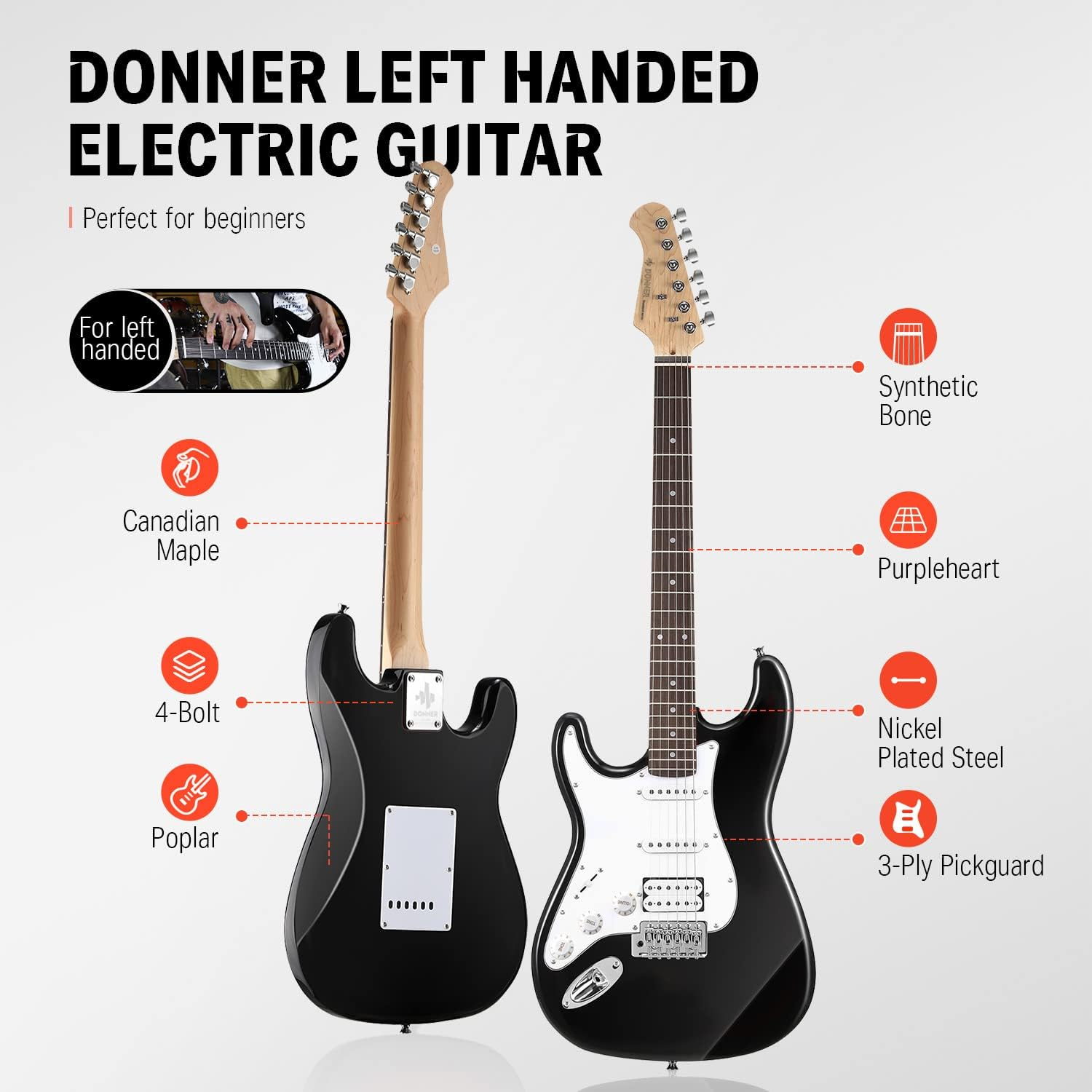 Donner DST-100BL Amfili Solak Elektro Gitar Seti (Siyah)