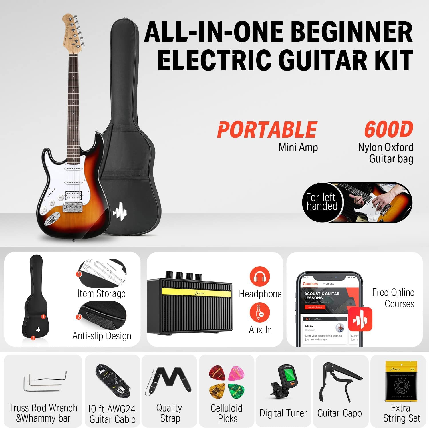 Donner DST-100SL Solak Elektro Gitar Seti (Sunburst)