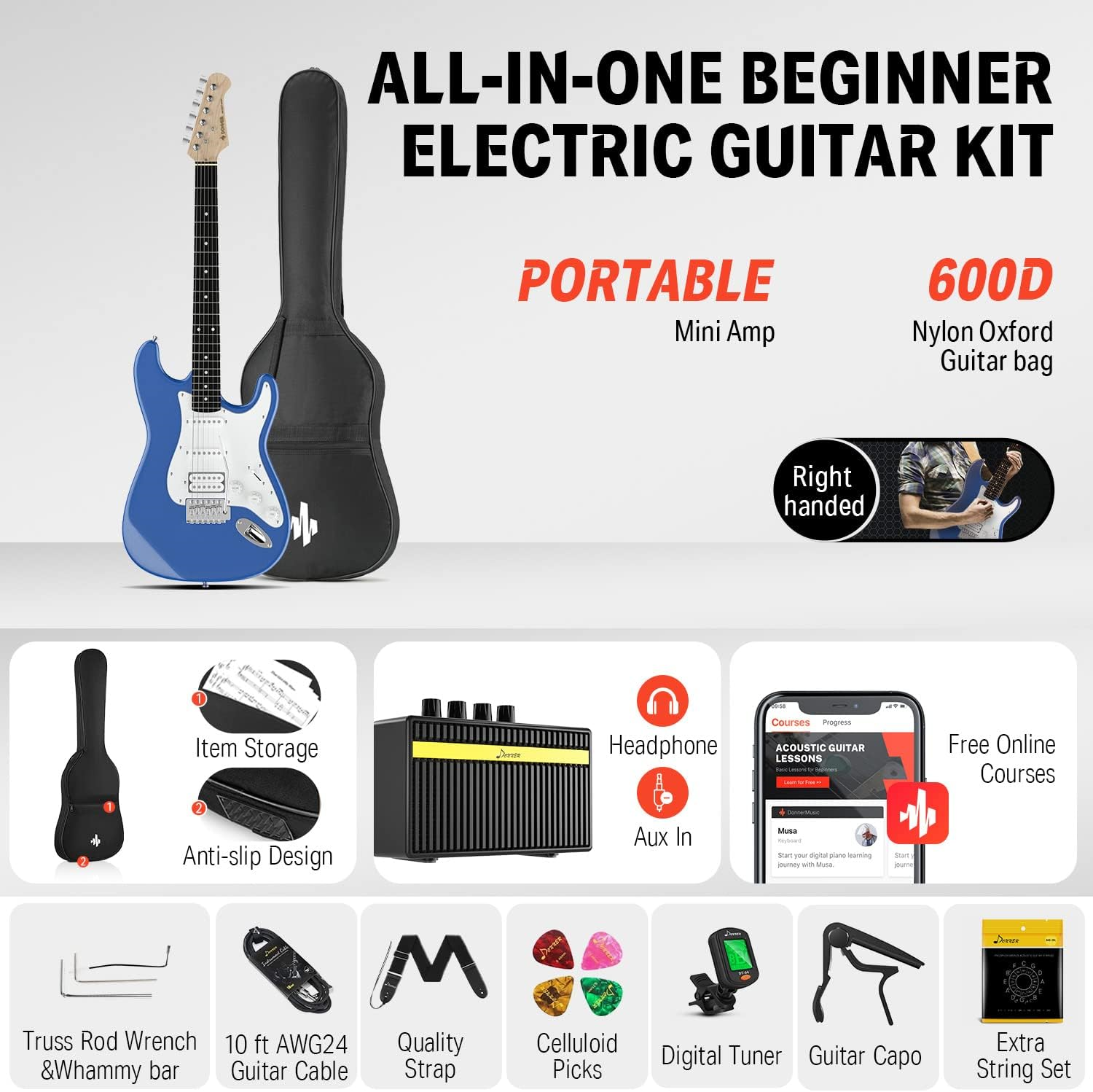 Donner DST-100T Elektro Gitar Seti (Lake Blue)