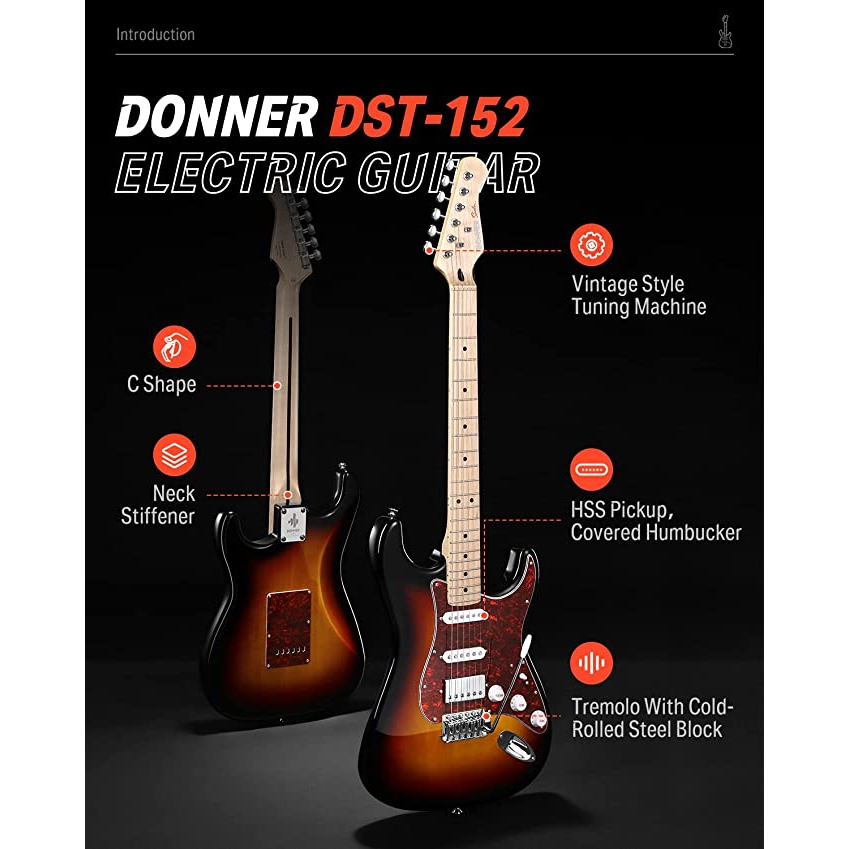 Donner DST-152 Full-Size ST Elektro Gitar Seti (Siyah)