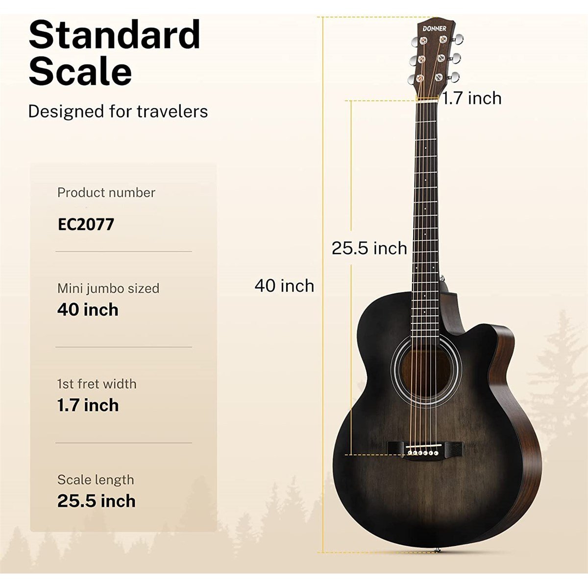 Donner EC2077 Mini Jumbo Cutaway Akustik Gitar Paketi