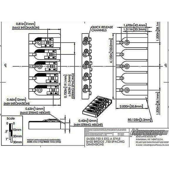Hipshot 5A500AB 5 Tel A Style Alüminyum Bas Köprüsü Siyah (19mm)