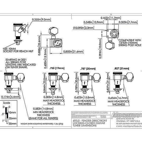 Hipshot Fender Directrofit Locking Elektro Gitar Kilitli Burgu Seti Krom (6 Dizilim) (Yavaş tur)