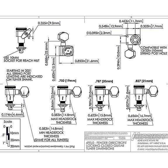 Hipshot Fender Directrofit Locking Solak veya Reverse Elektro Gitar Kilitli Burgu Seti Krom (6 Dizilim) (Yavaş tur)