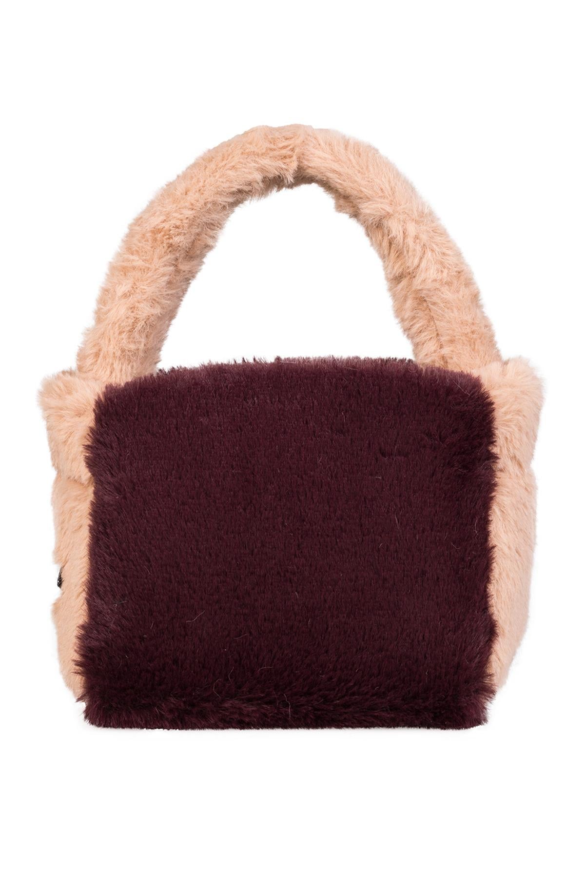 Bordo Camel Suni Kürk Kadın El Çantası