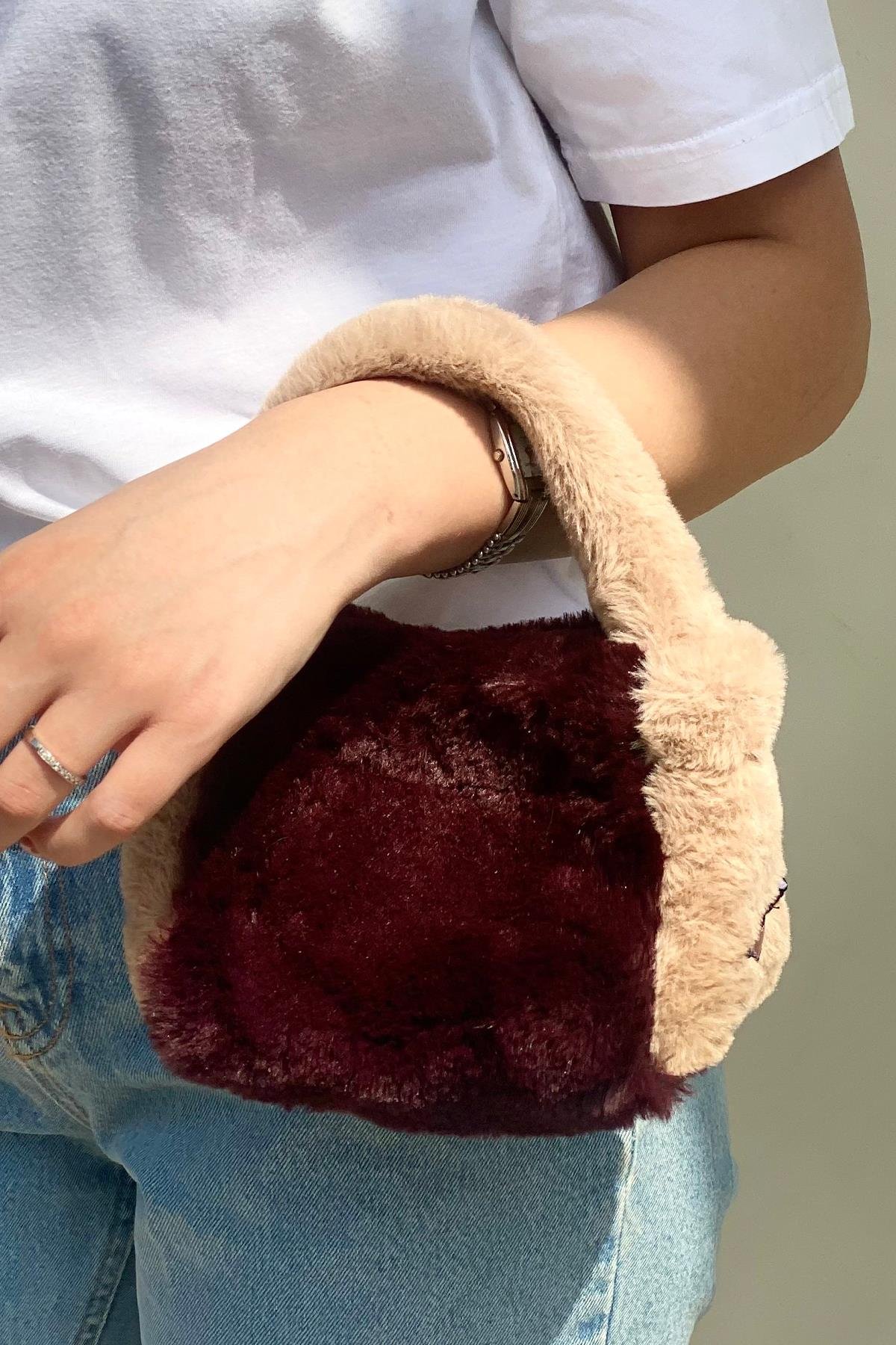 Bordo Camel Suni Kürk Kadın El Çantası
