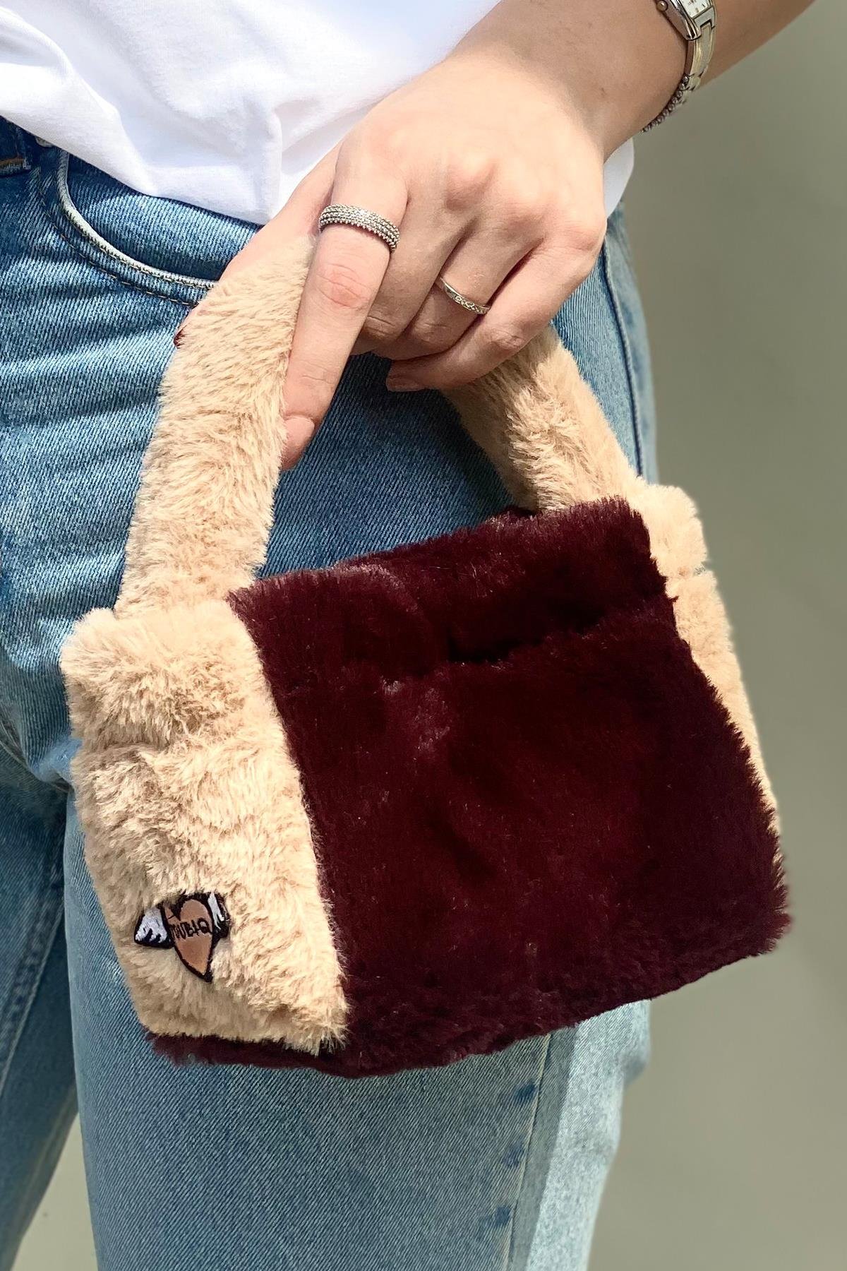 Bordo Camel Suni Kürk Kadın El Çantası