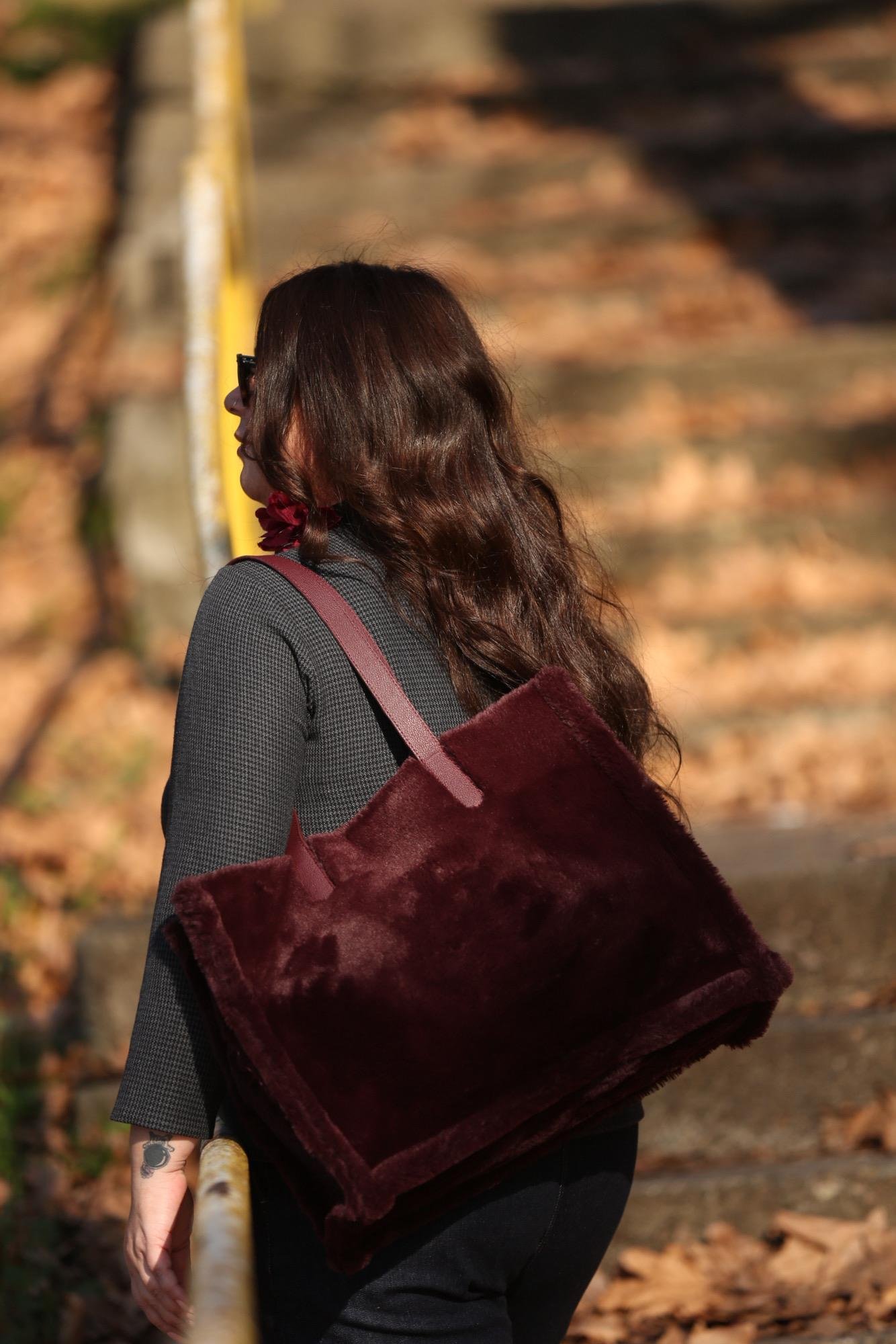 Bordo Suni Kürk Kadın Alışveriş Çantası