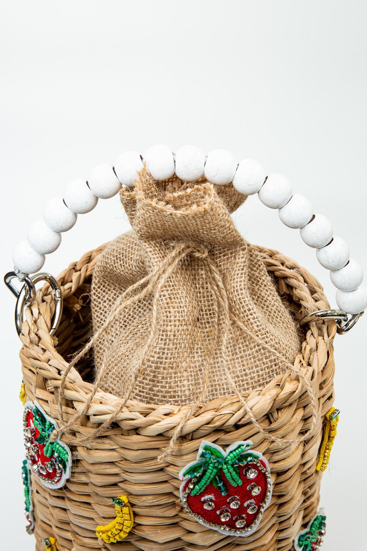 Çilek Detaylı Jüt Keseli Hasır Omuz Çantası