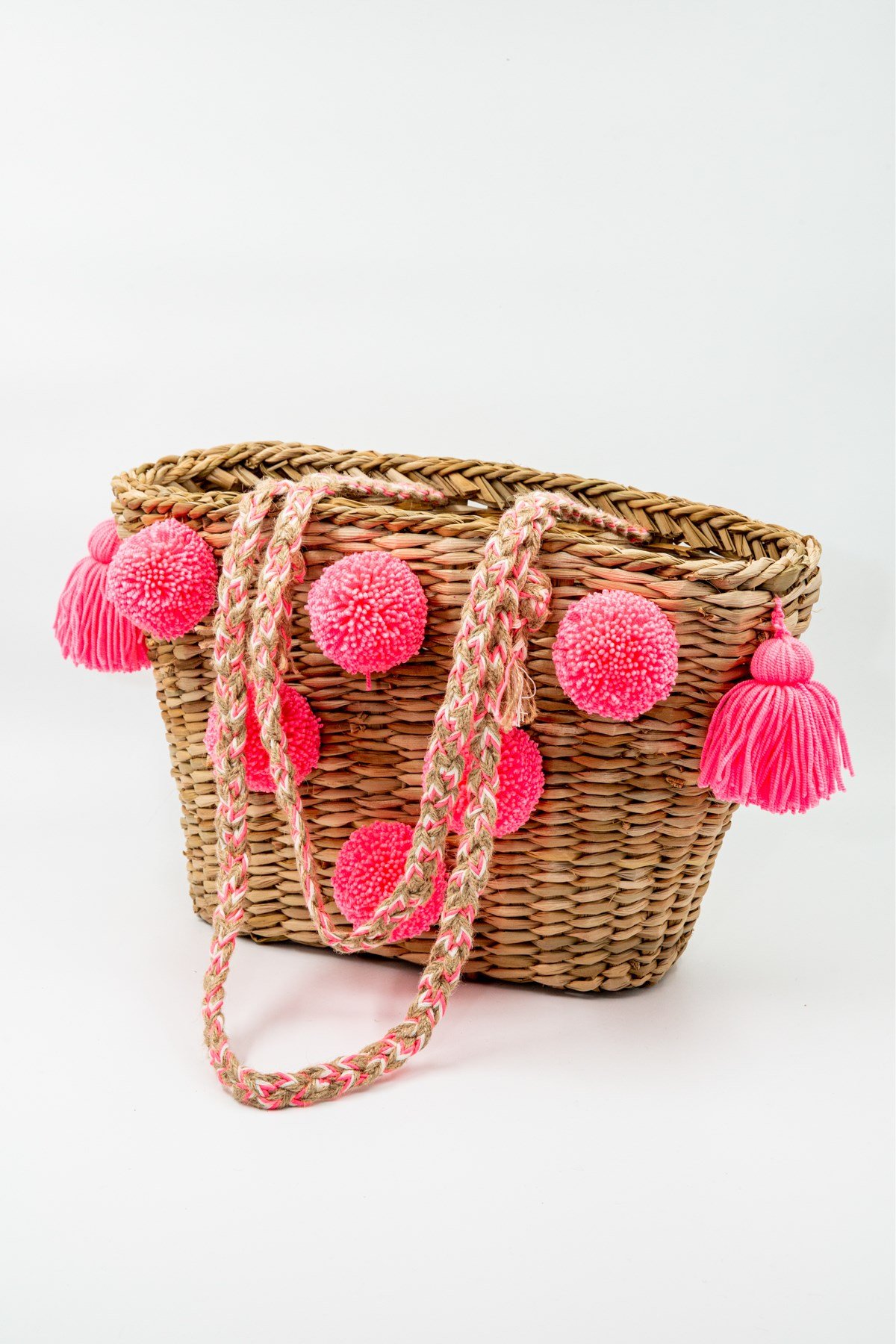 Fosforlu Pembe Ponponlu ve Jüt Askılı Hasır Omuz Çantası