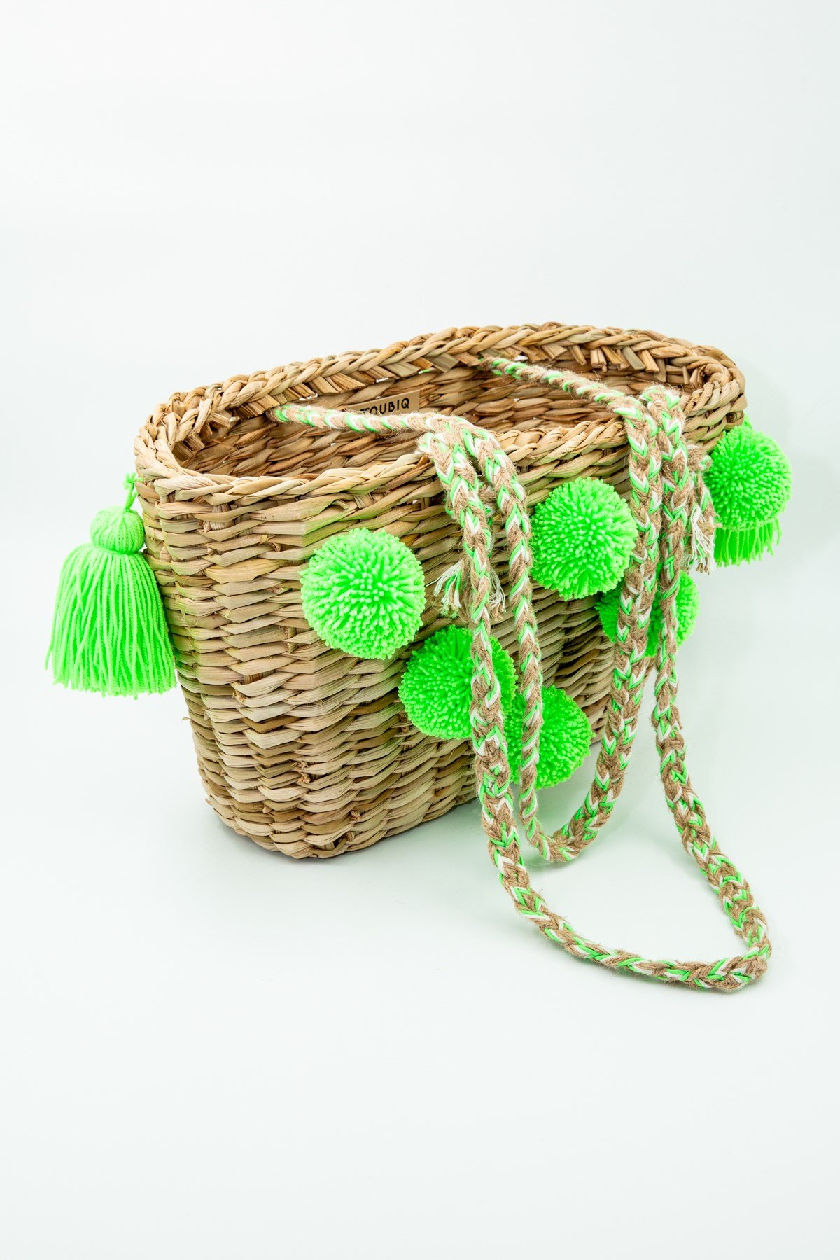 Fosforlu Yeşil Ponponlu ve Jüt Askılı Hasır Omuz Çantası
