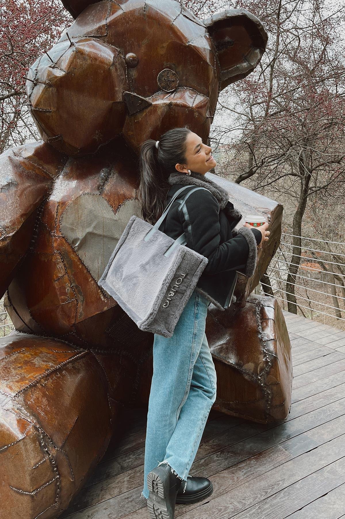 Gri Renk Suni Kürk Kadın Alışveriş Çantası