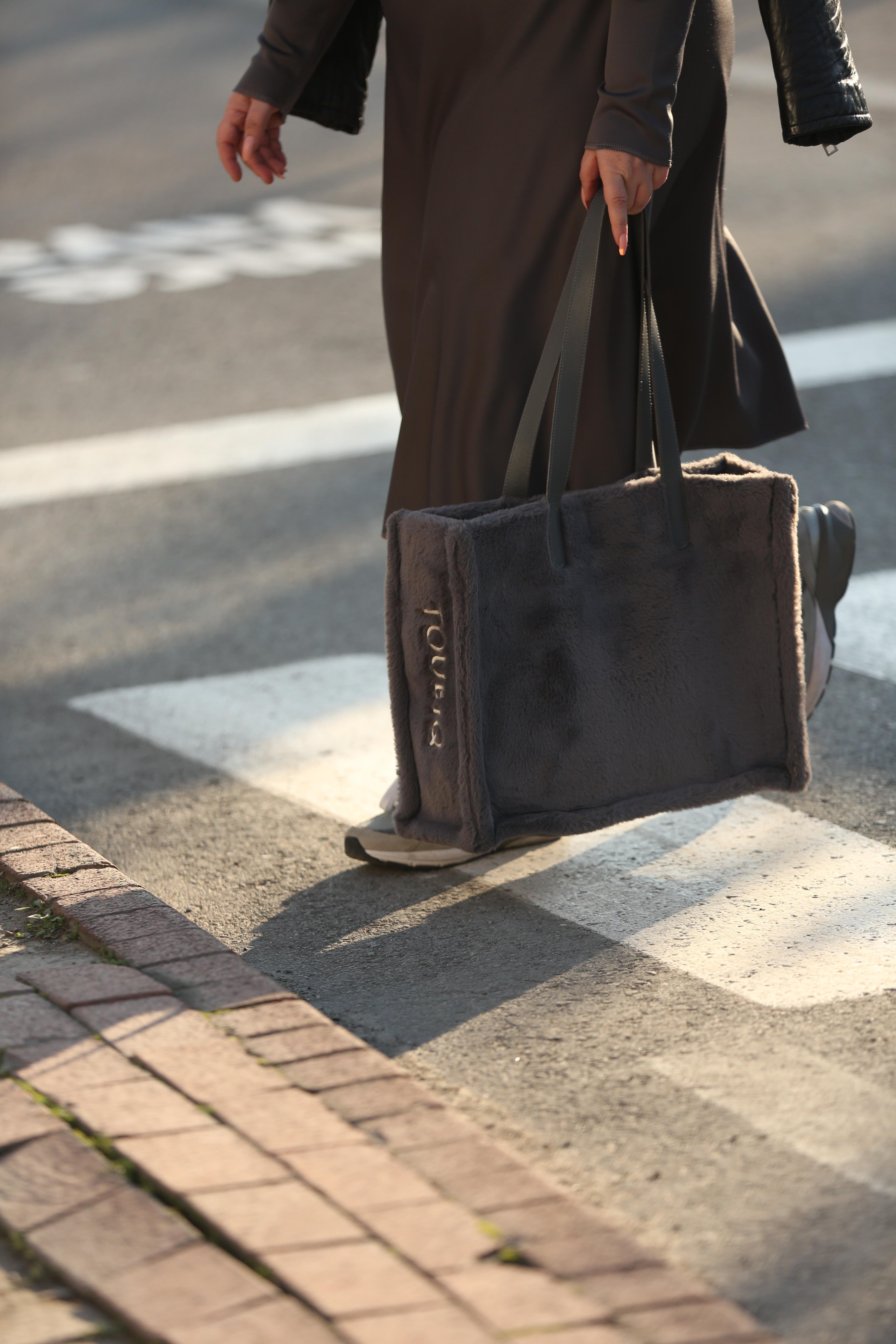 Gri Suni Kürk Kadın Alışveriş Çantası