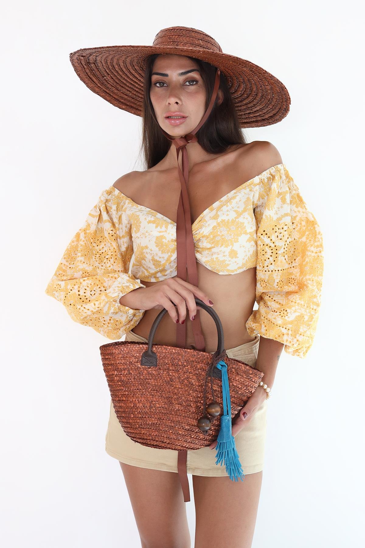 Kahverengi Mini Hasır Çanta 