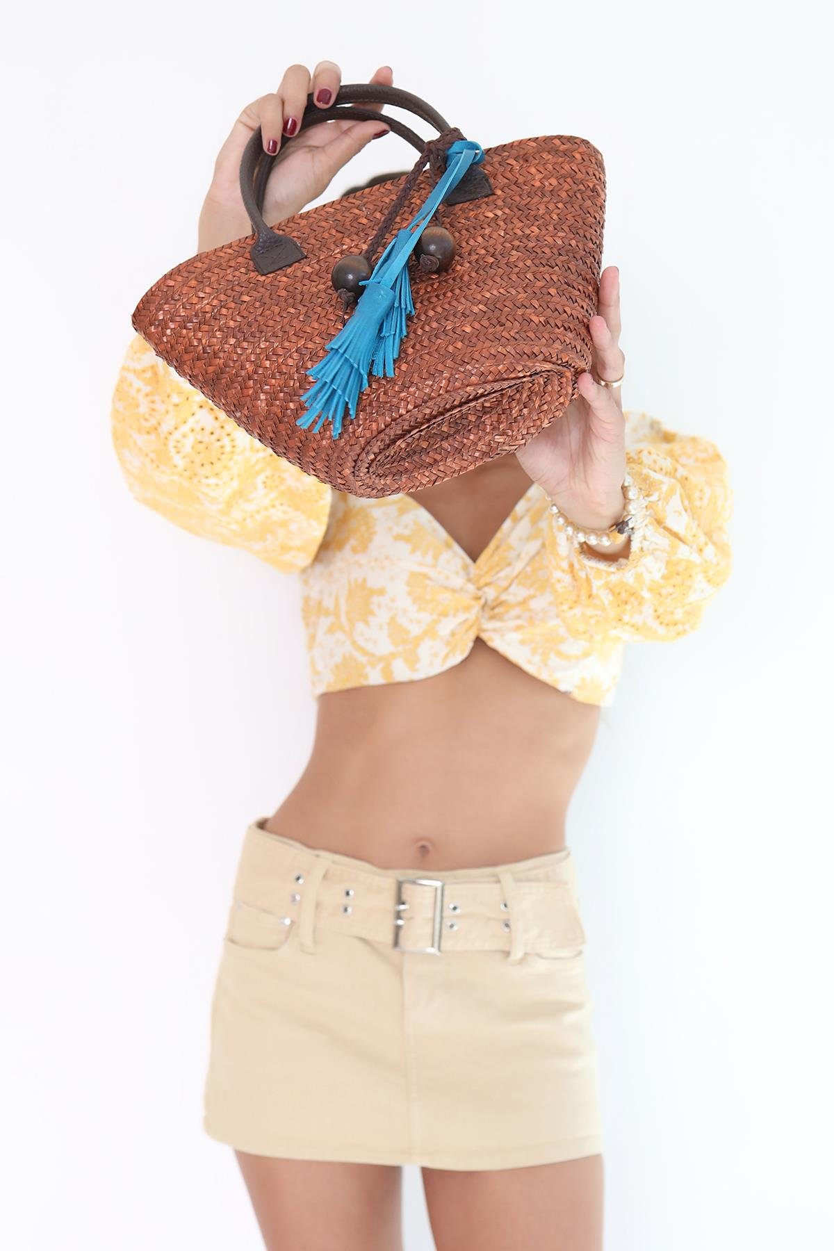 Kahverengi Mini Hasır Çanta 