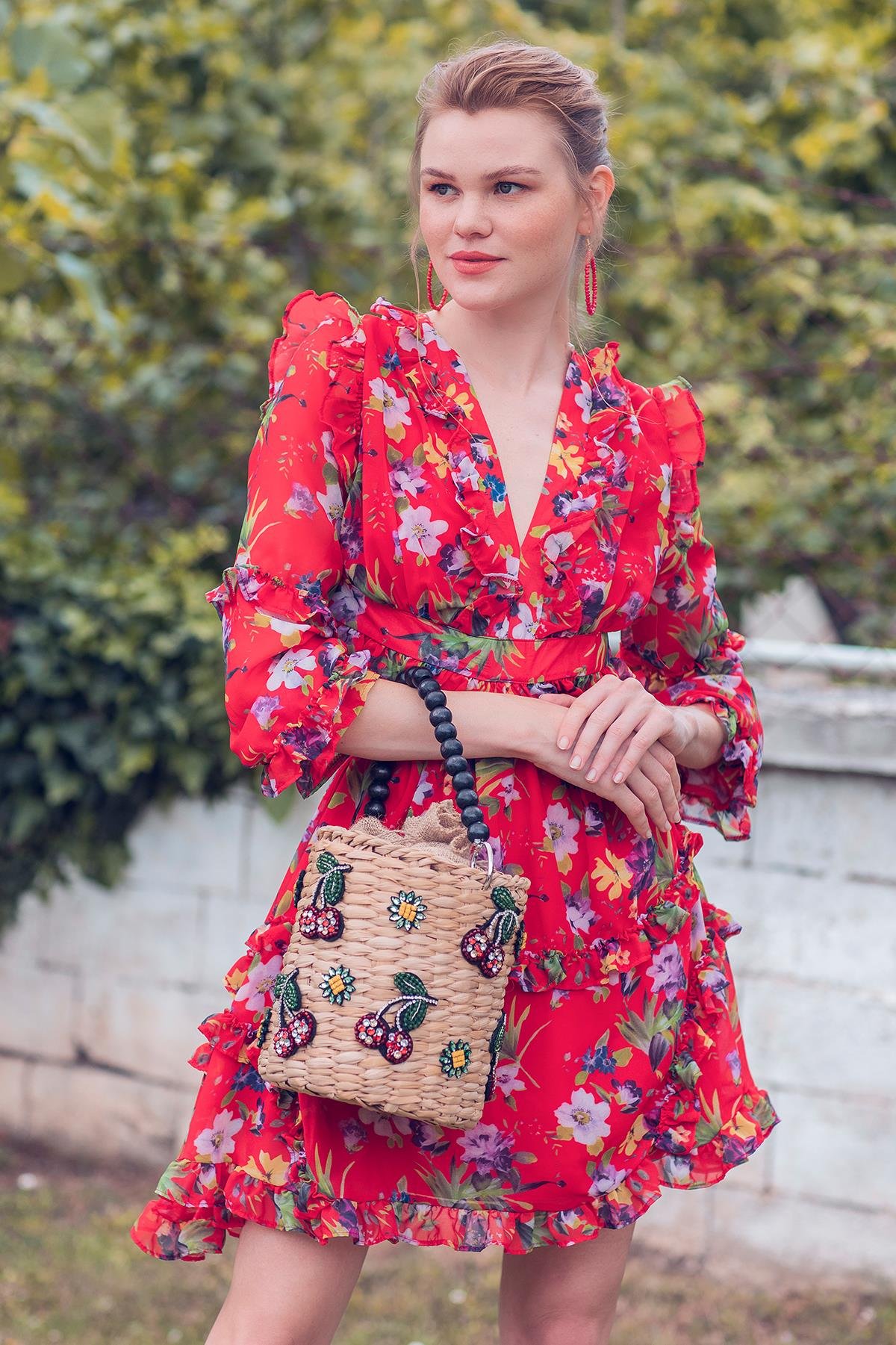 Kiraz Detaylı Jüt Keseli Hasır Çanta