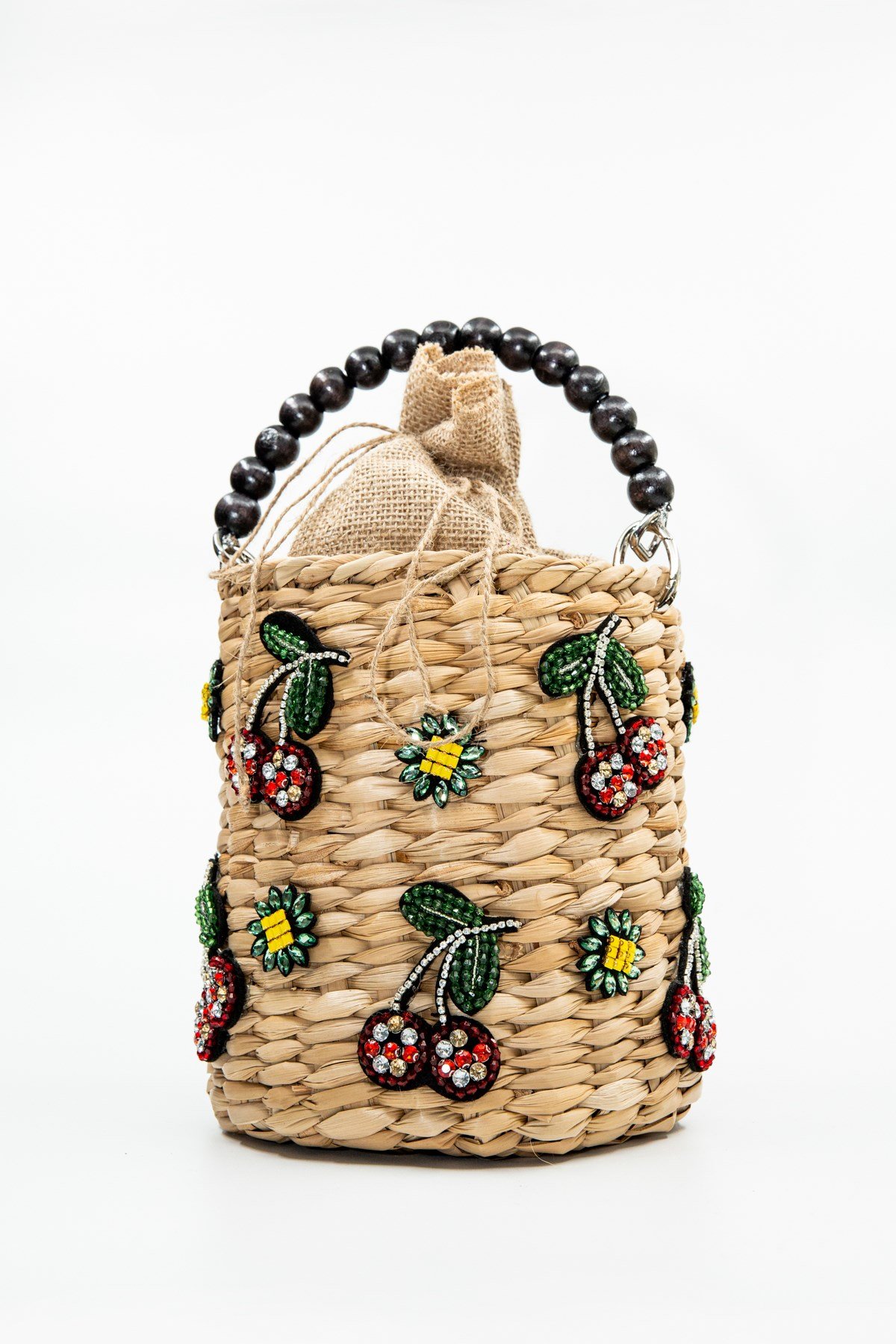 Kiraz Detaylı Jüt Keseli Hasır Omuz Çantası