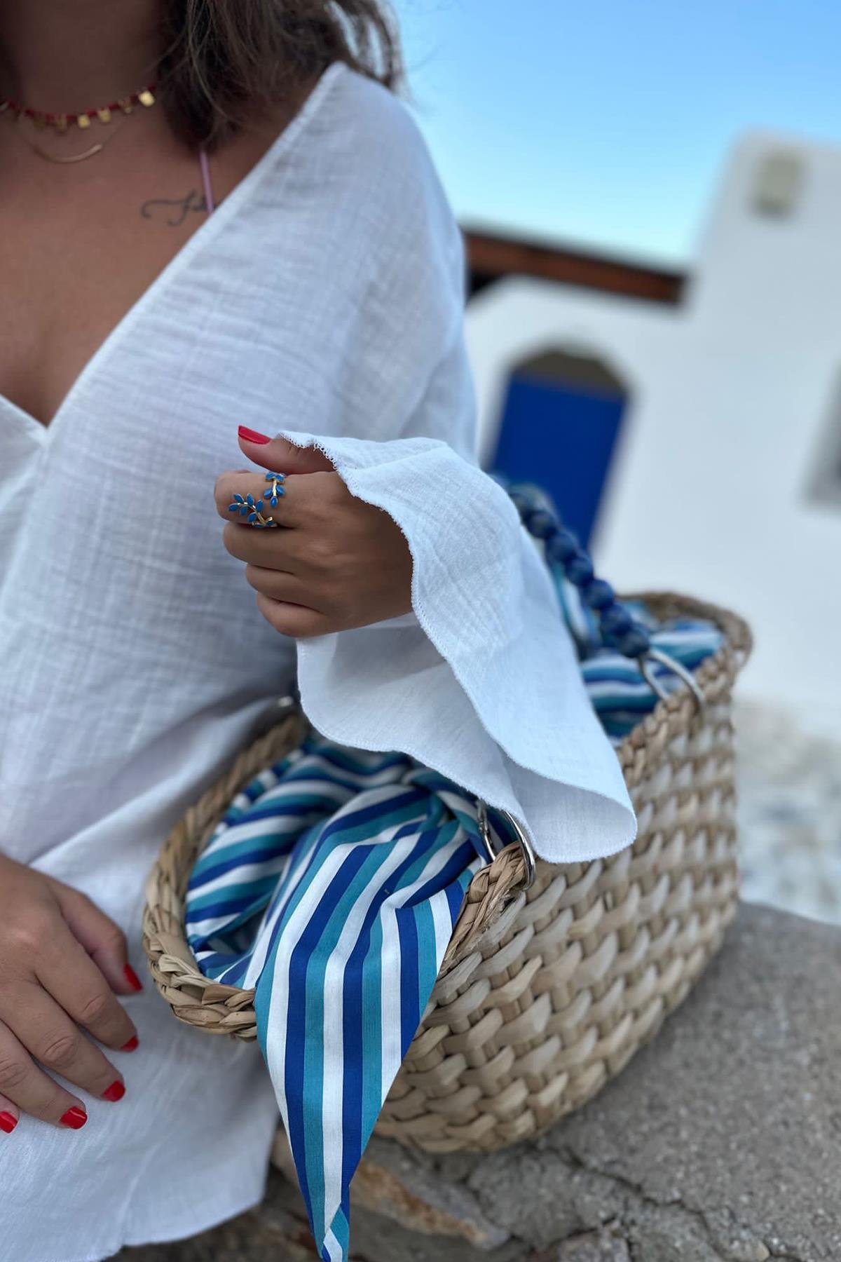 Mavi Hasır Kadın Plaj Çantası 