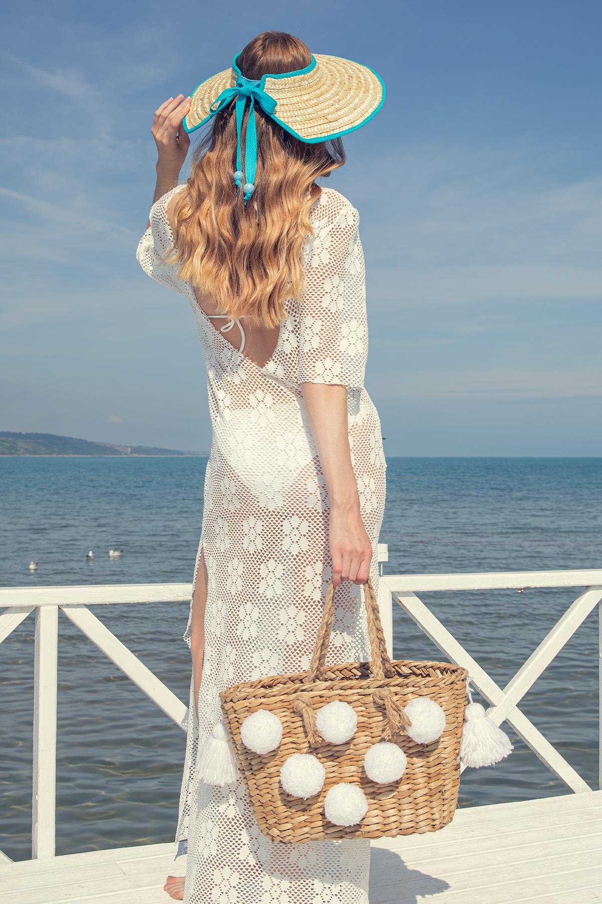 Turkuaz Biyeli Hasır Vizör Şapka