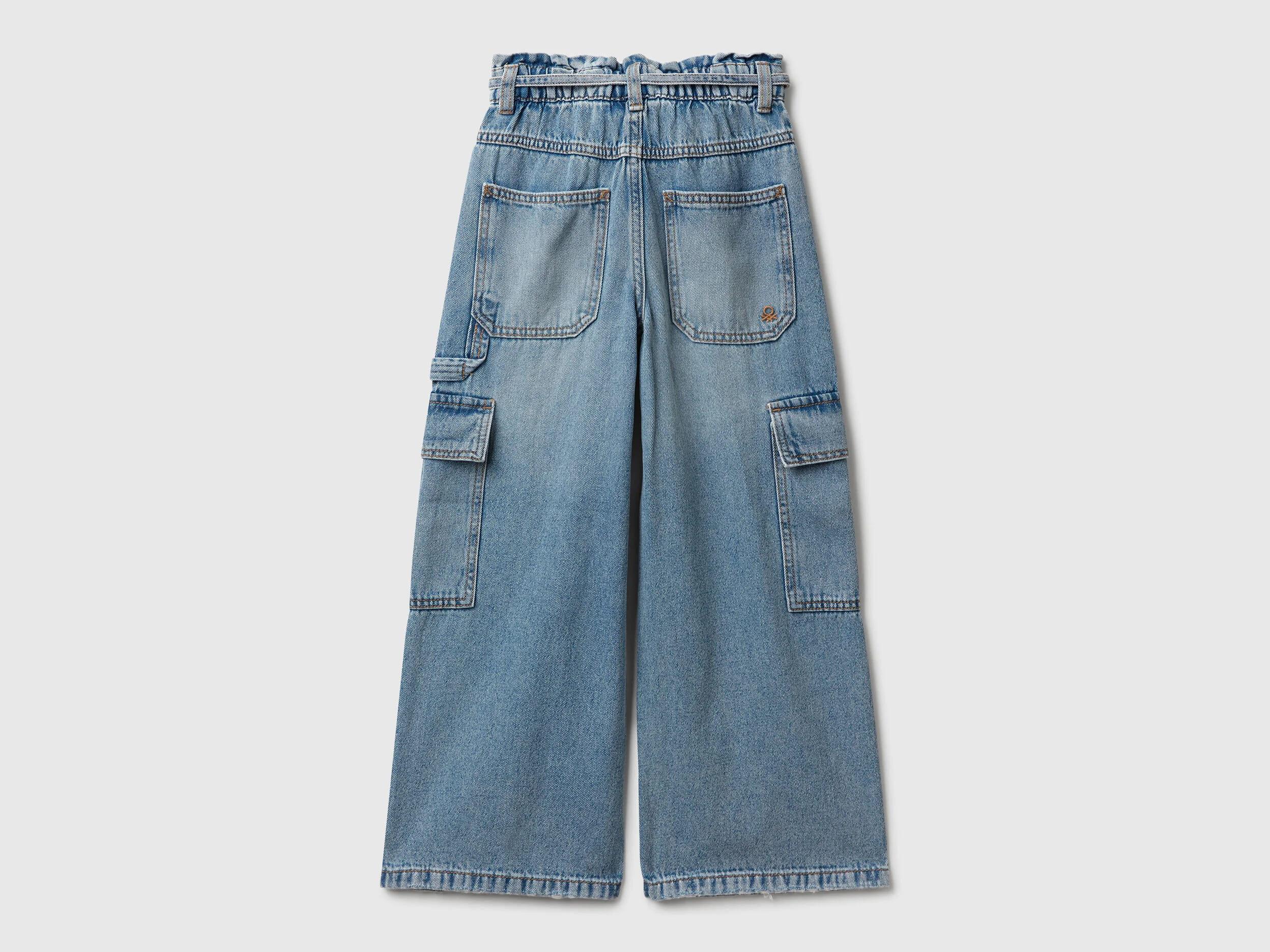 Benetton Kız Çocuk Koyu Mavi Beli Bağlamalı Kargo Stili Wide Fit Denim Pantolon