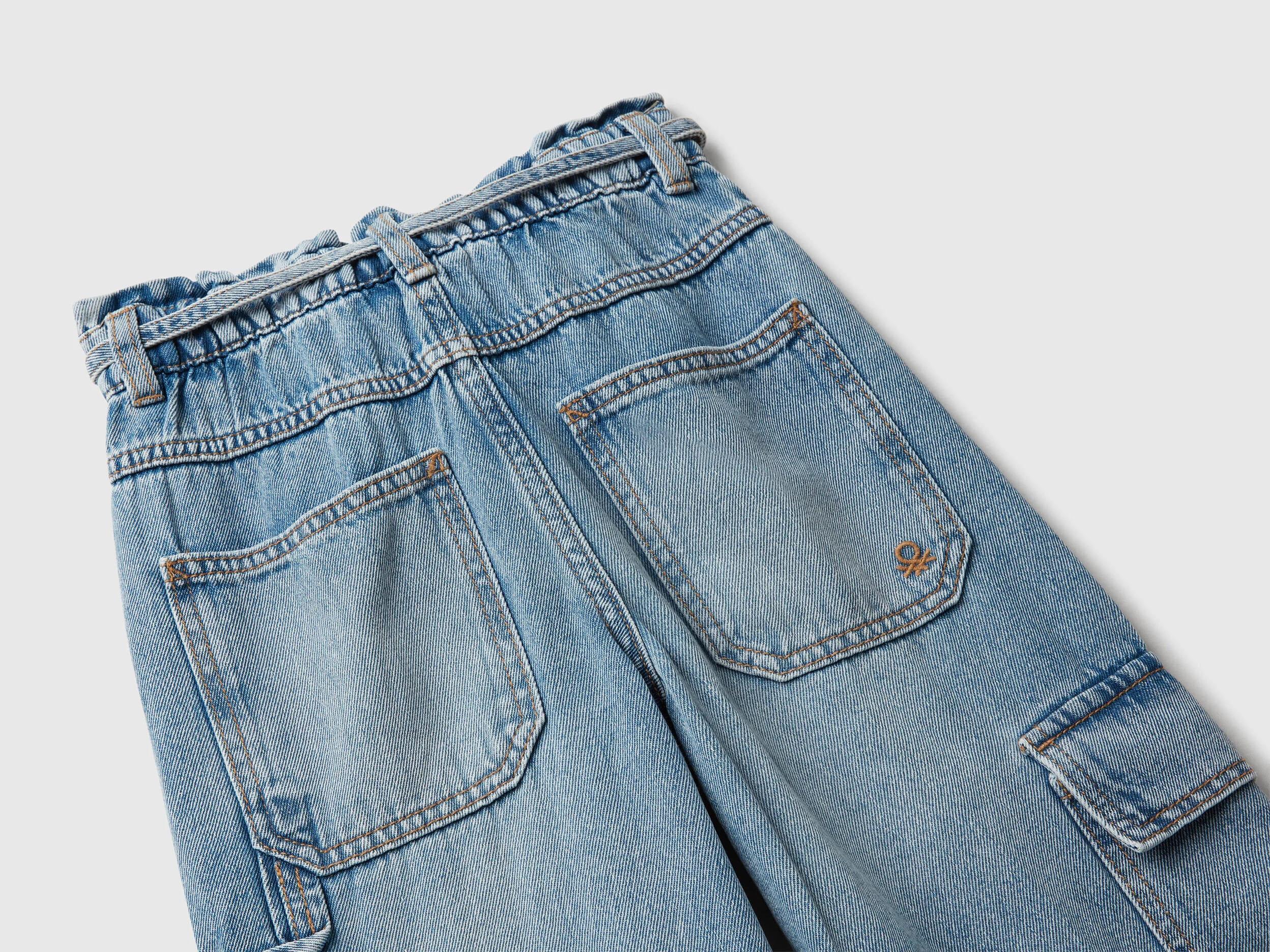 Benetton Kız Çocuk Koyu Mavi Beli Bağlamalı Kargo Stili Wide Fit Denim Pantolon