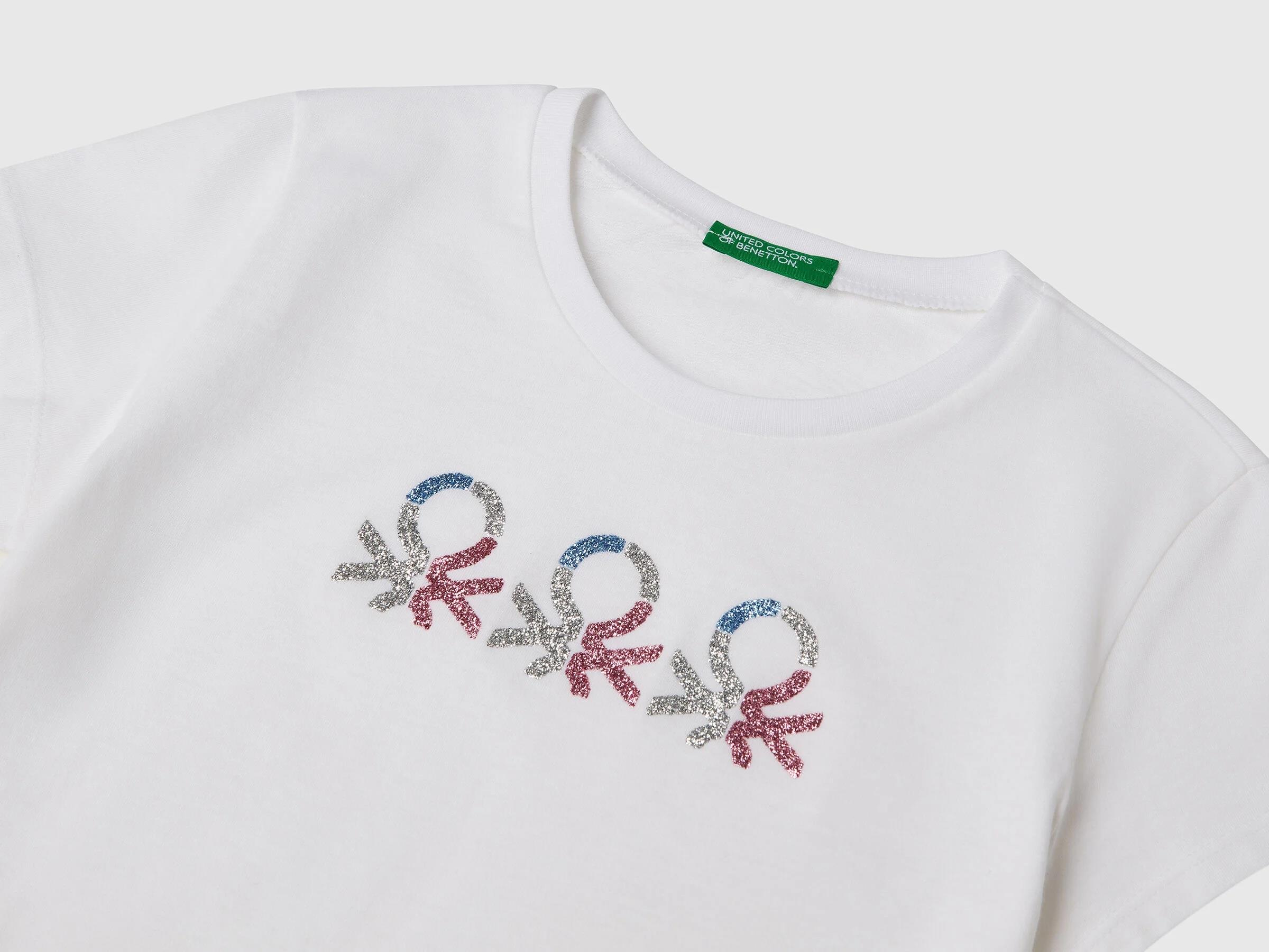Benetton Kız Çocuk Simli Logo Baskılı T-Shirt 