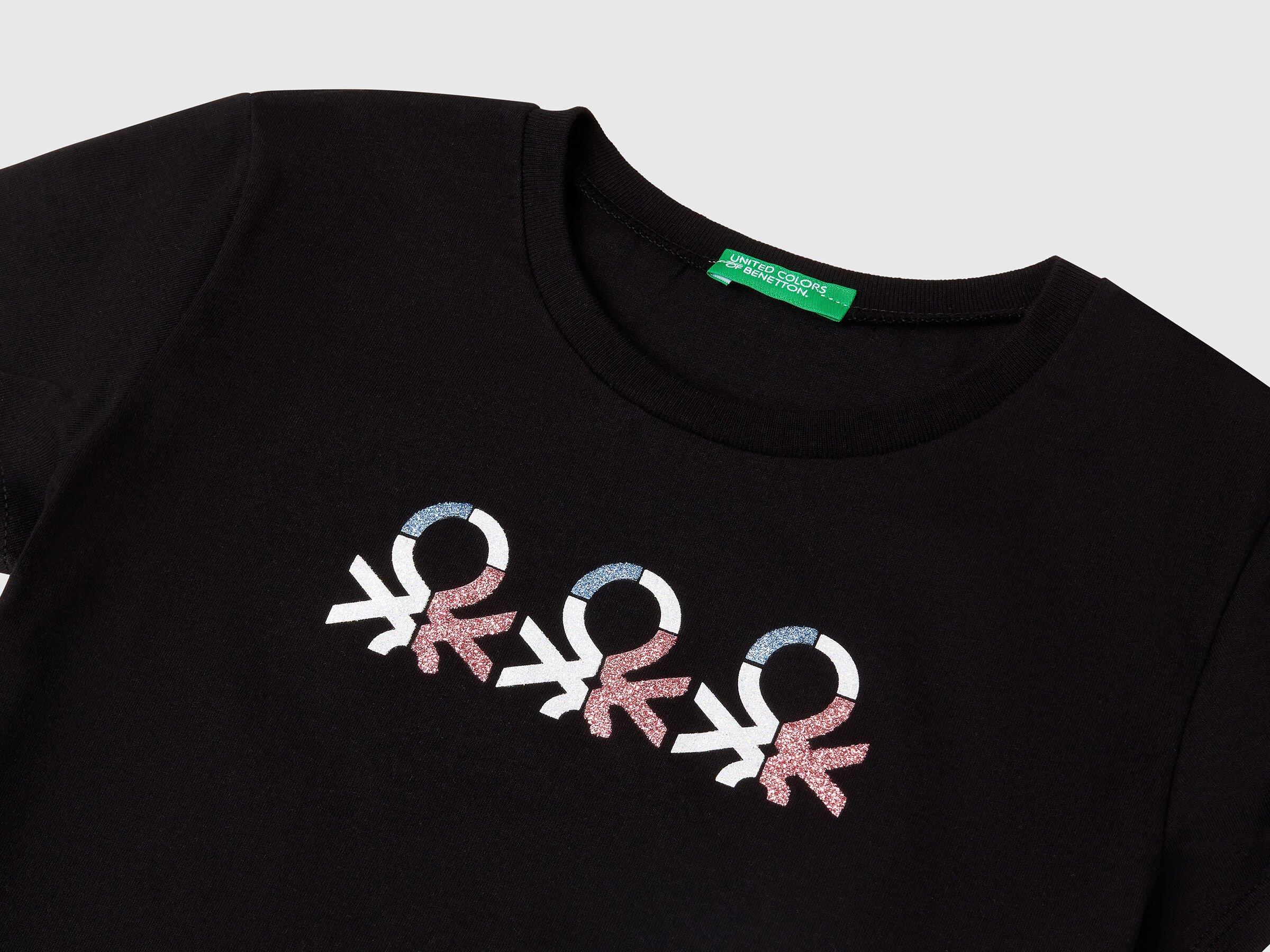 Benetton Kız Çocuk Simli Logo Baskılı T-Shirt 