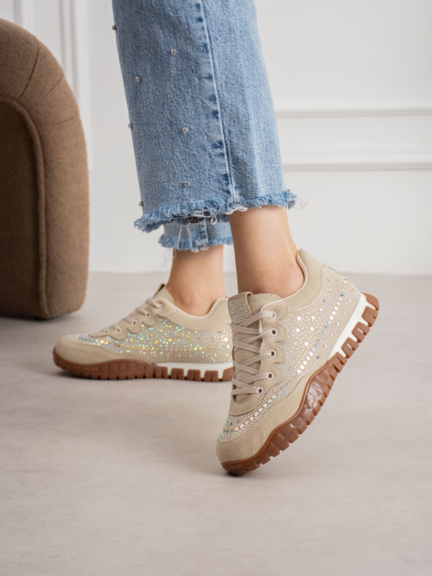 CALİNA Krem Taşlı Kadın Sneakers