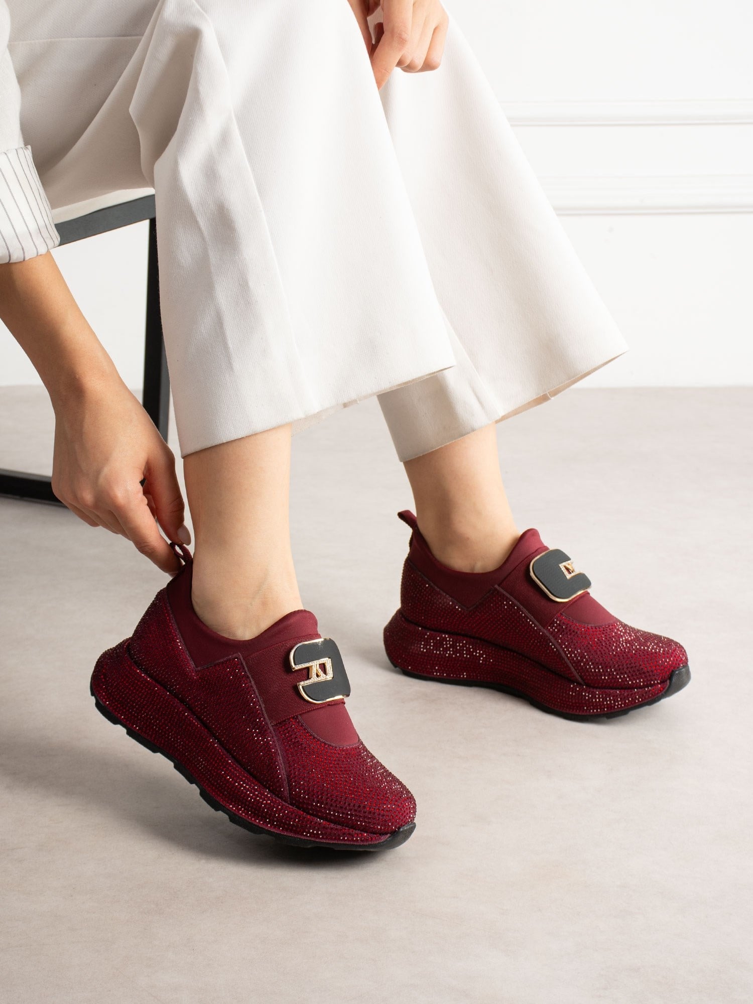 KOTSENG Bordo Taşlı Kadın Sneakers