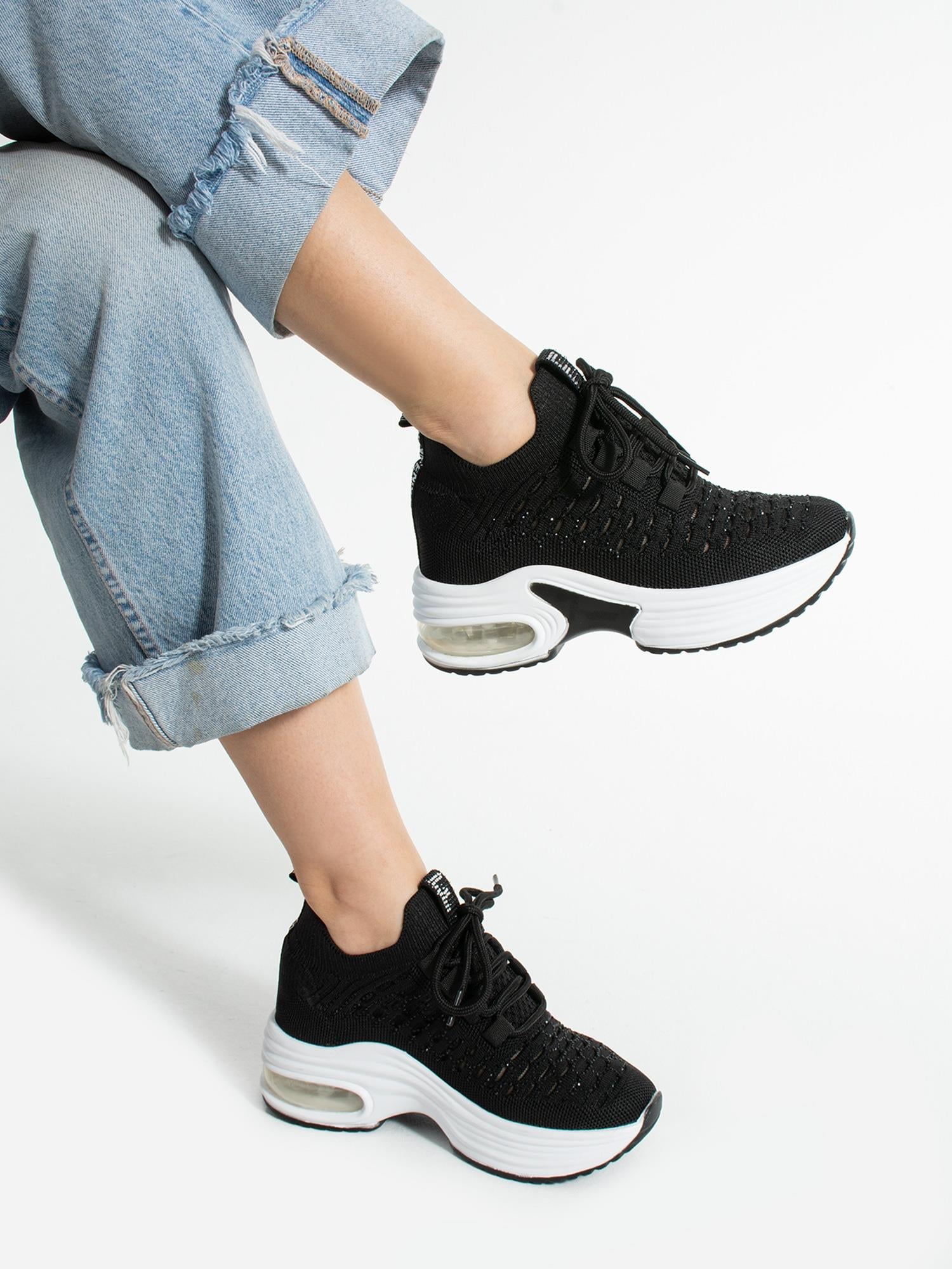 PULSE Siyah Taş Detay Triko Kadın Sneakers