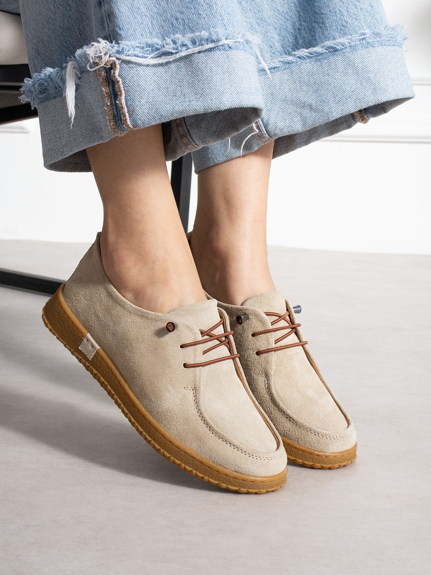 ZEZE Krem Hakiki Süet Deri Kadın Loafer