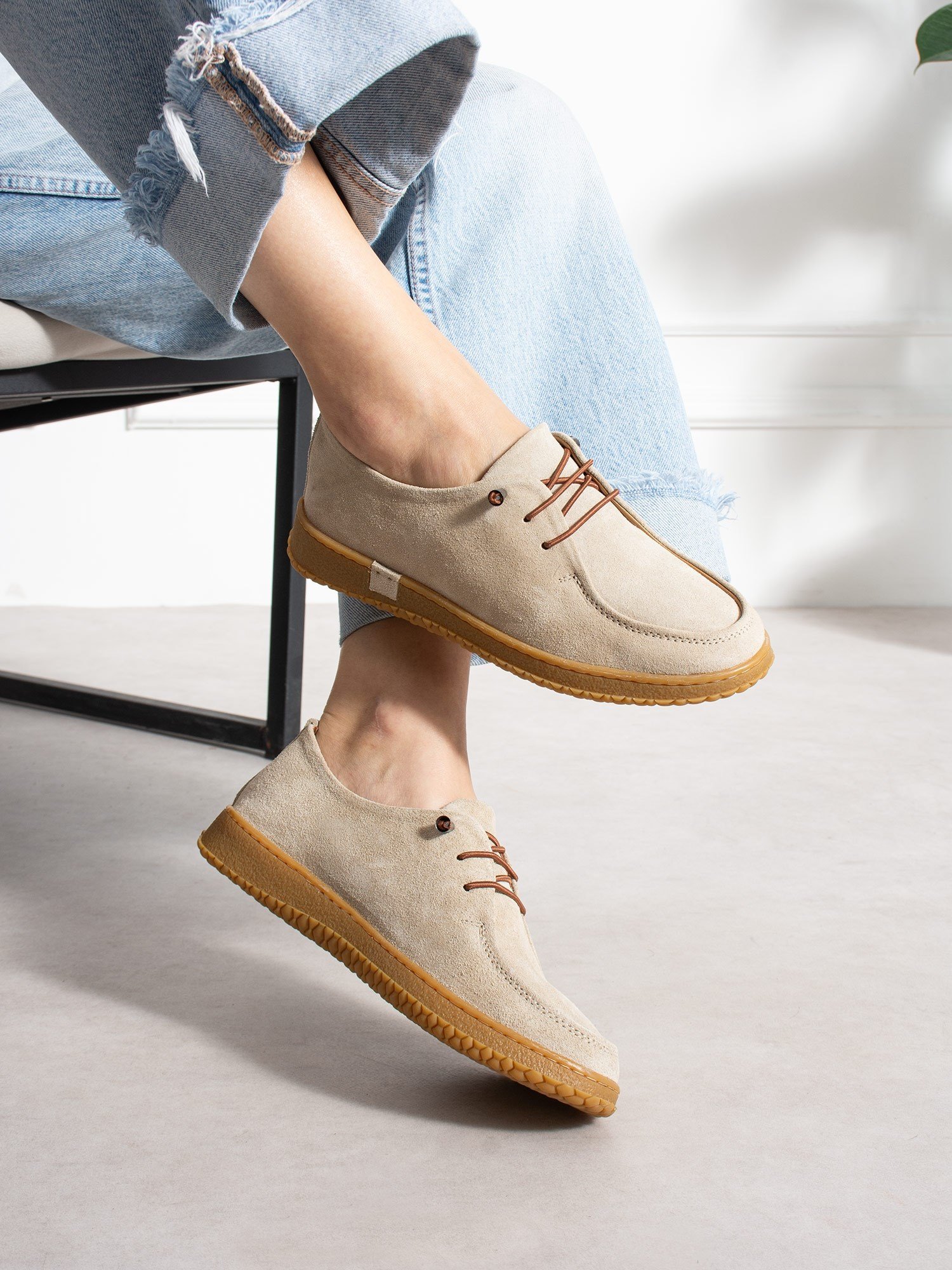ZEZE Krem Hakiki Süet Deri Kadın Loafer