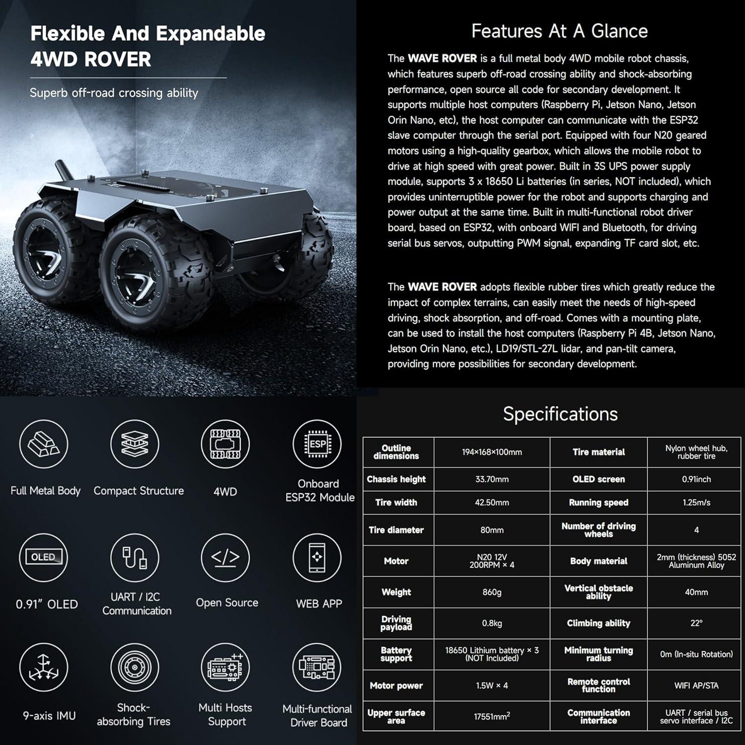 Waveshare Wave Rover Esnek ve Genişletilebilir 4WD Mobil Robot Şasisi