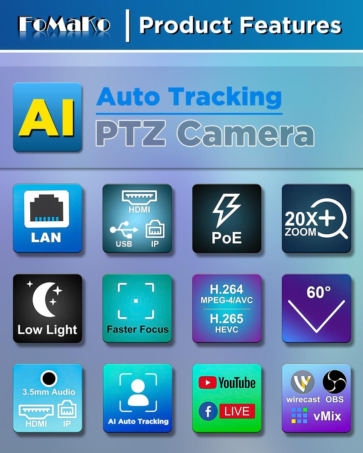 FoMaKo PTZ Kamera HDMI PoE 20x Optik Zoom 3G-SDI IP USB Canlı Yayın FMK20SDI