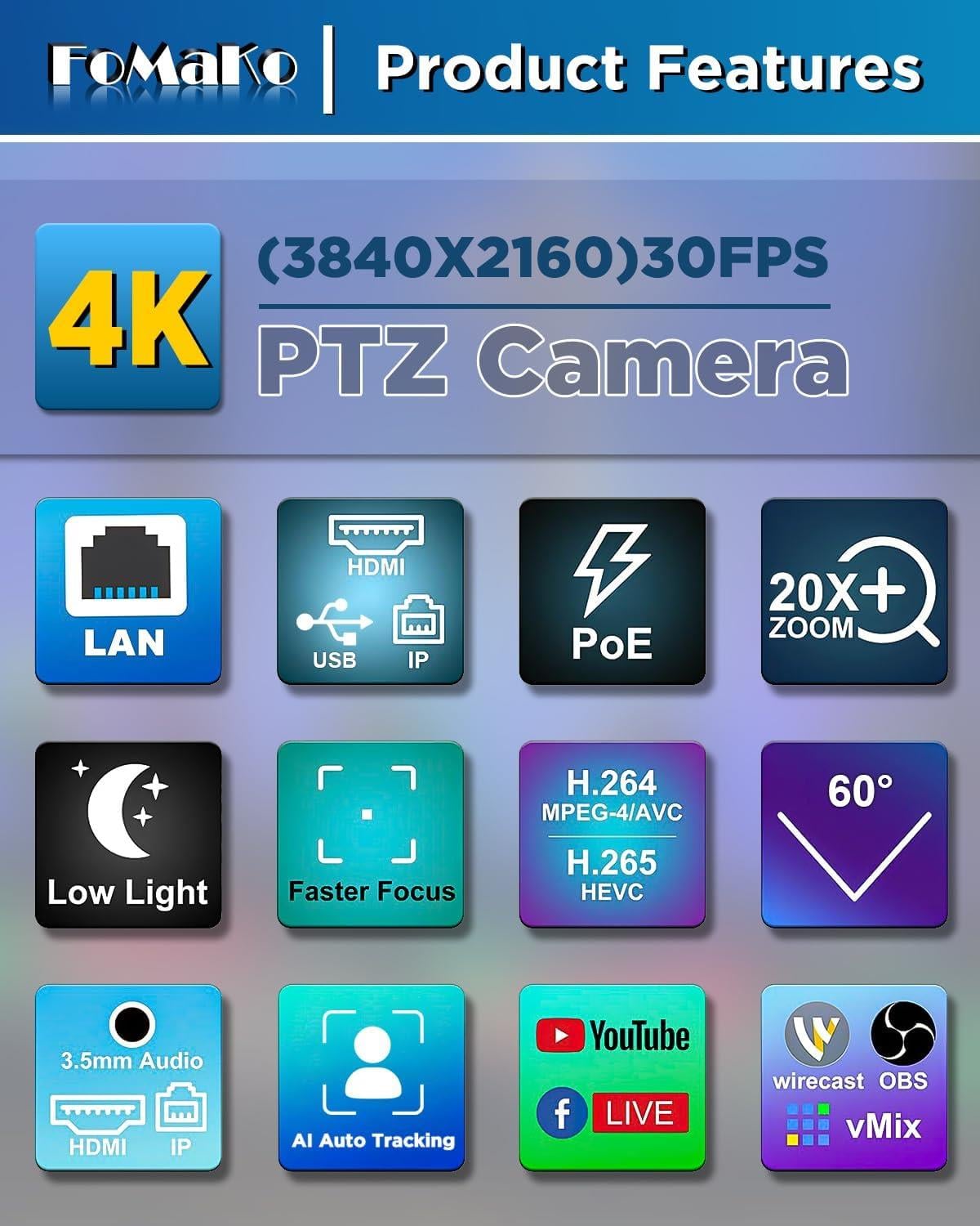 FoMaKo 4K 20x Optik Zoom Ai Takip PTZ Kamera K20UH