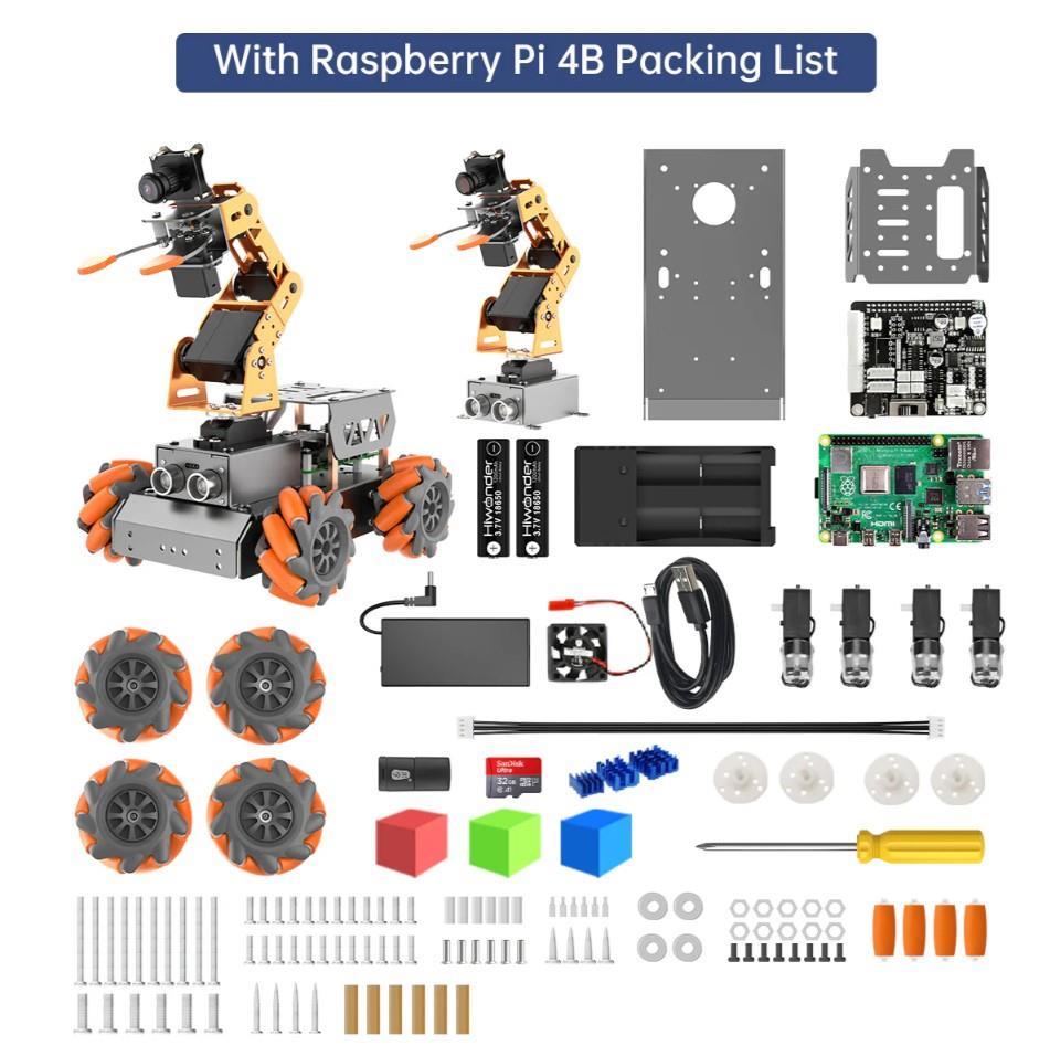 Hiwonder MasterPi AI Görüş Robot Kolu Mecanum Tekerlekli Araba Açık Kaynaklı - RPi 4B 4GB Dahil