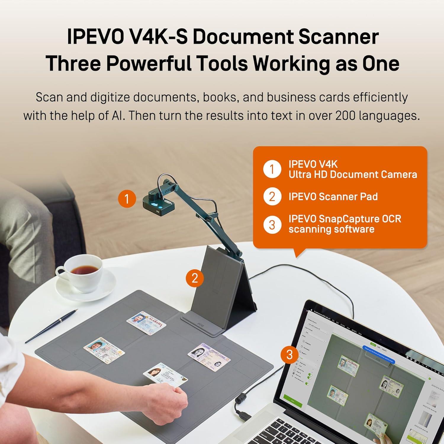 IPEVO V4K-S Belge ve Kitap Tarayıcı Kamerası, Pad ve Çok Dilli OCR Yazılım Dahil